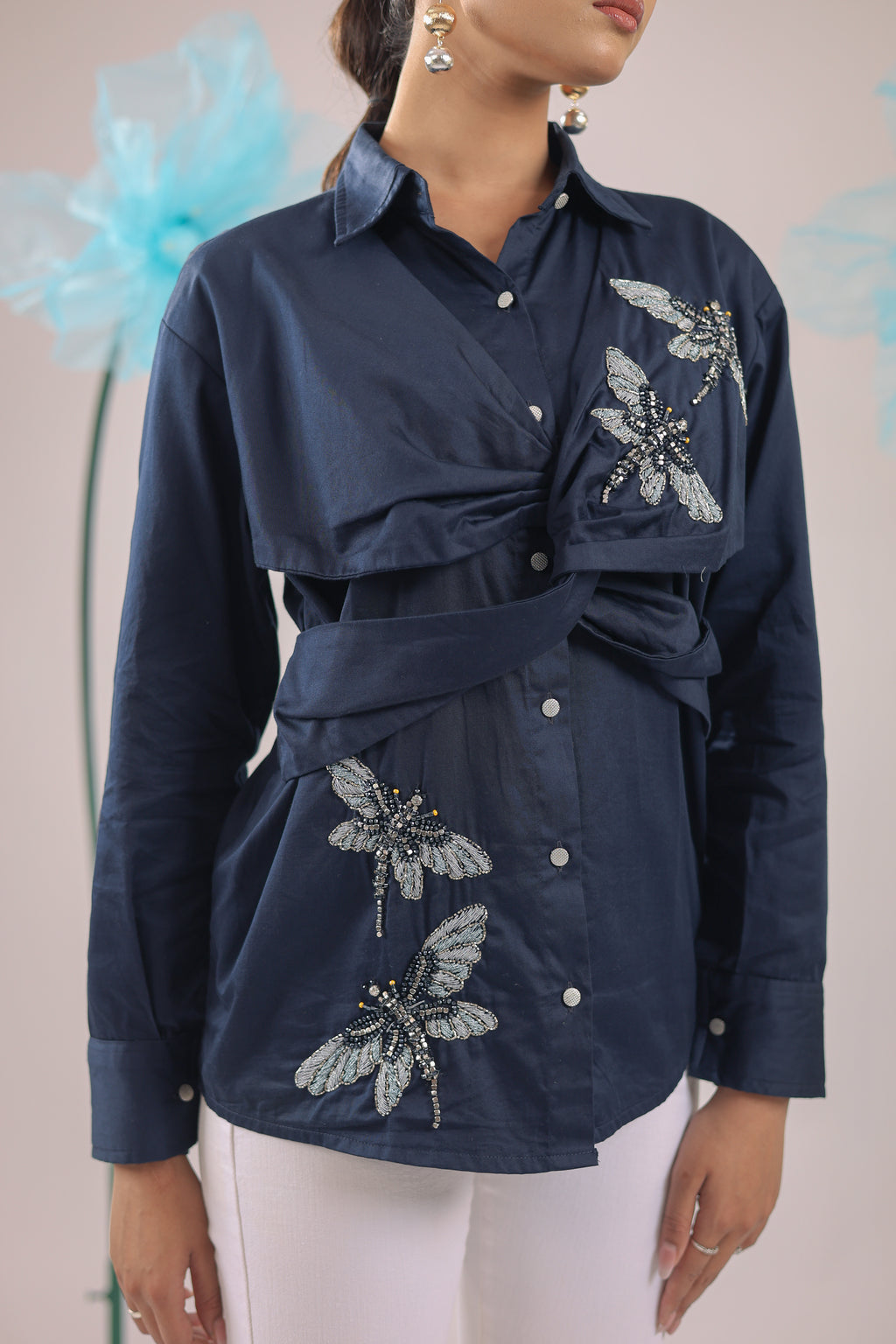 The Navy Blue Knot Cotton Shirt with Dragon Fly Embellishments