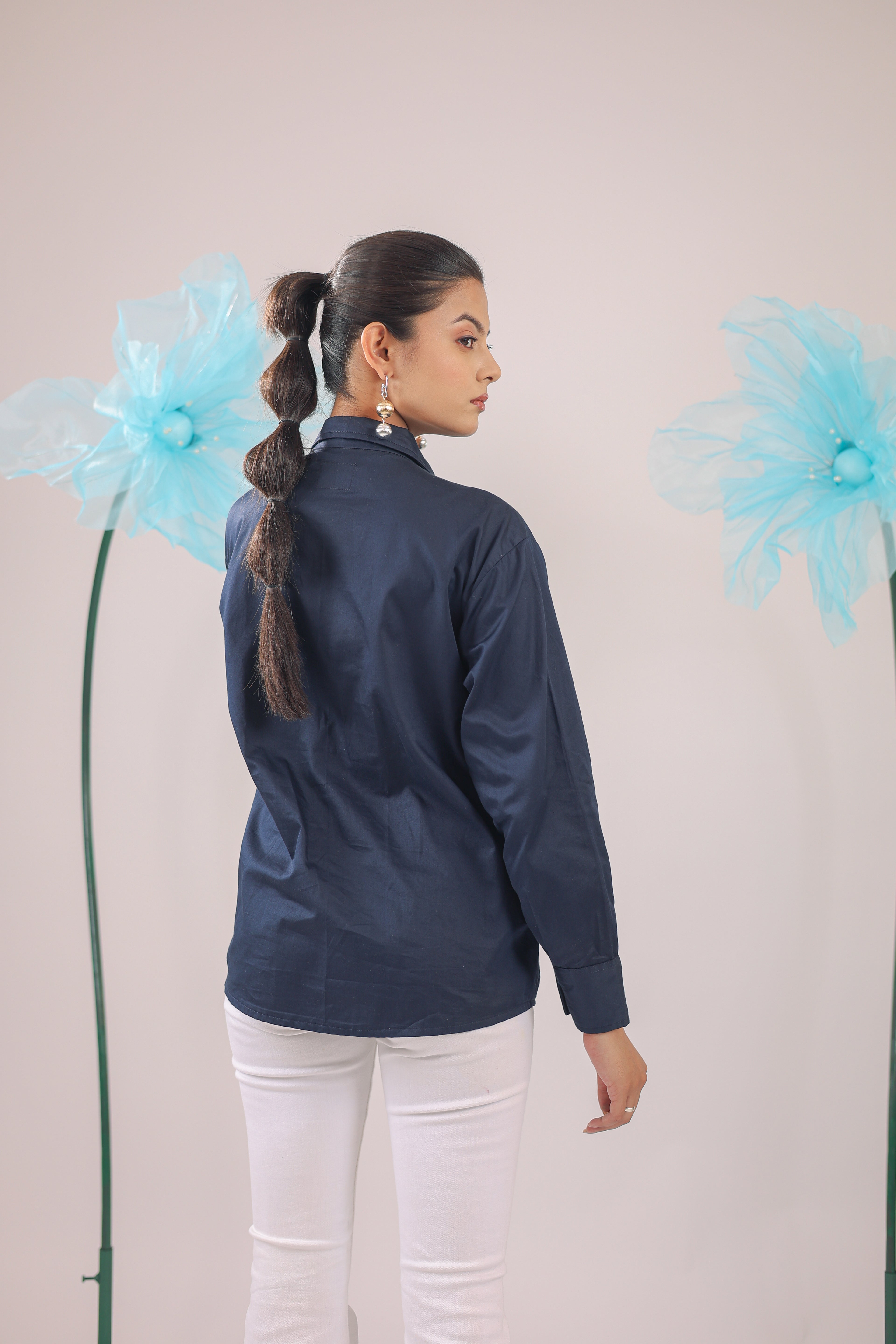 The Navy Blue Knot Cotton Shirt with Dragon Fly Embellishments