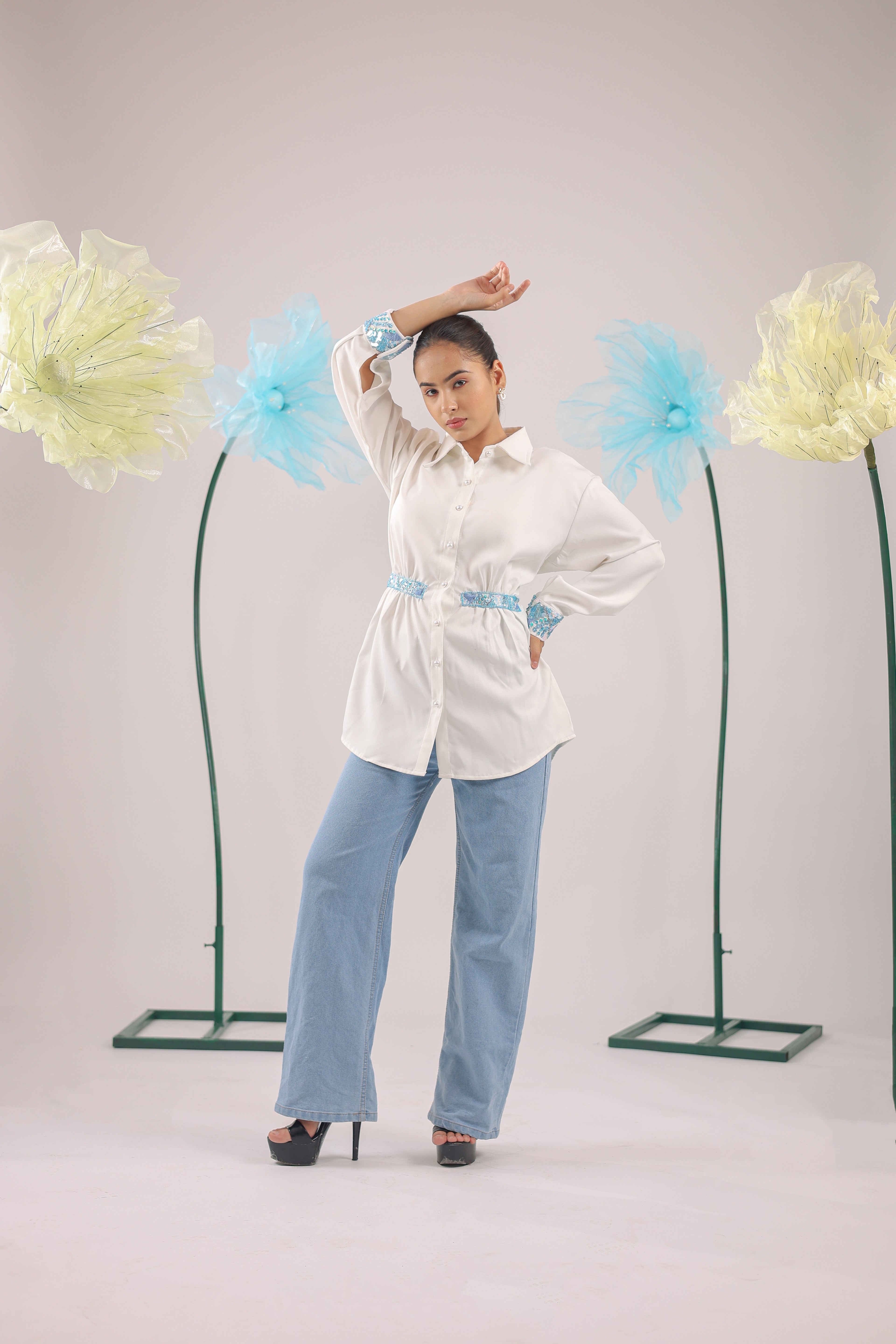 The White Gathered Crape Shirt with Sky Blue Embellishment