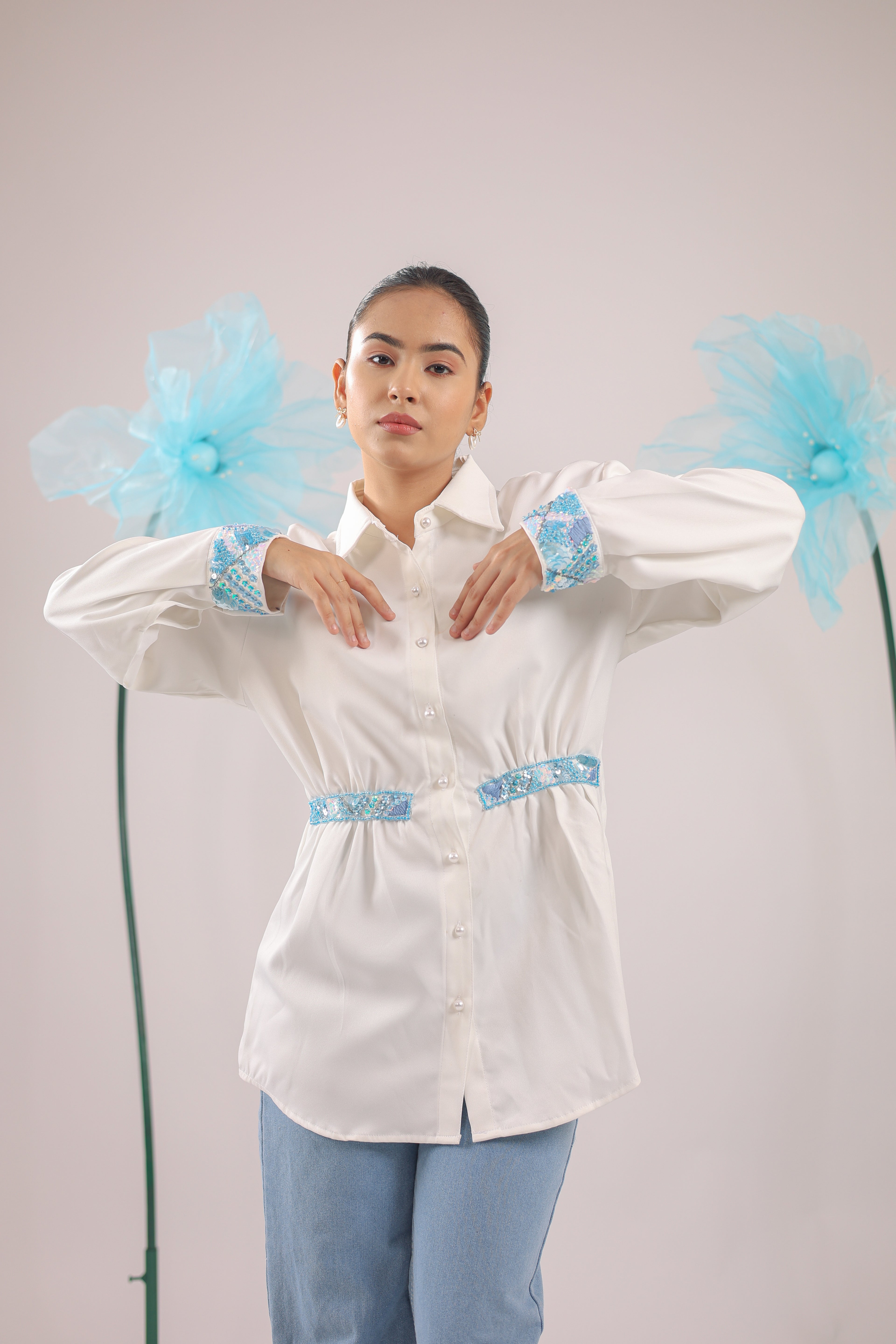 The White Gathered Crape Shirt with Sky Blue Embellishment