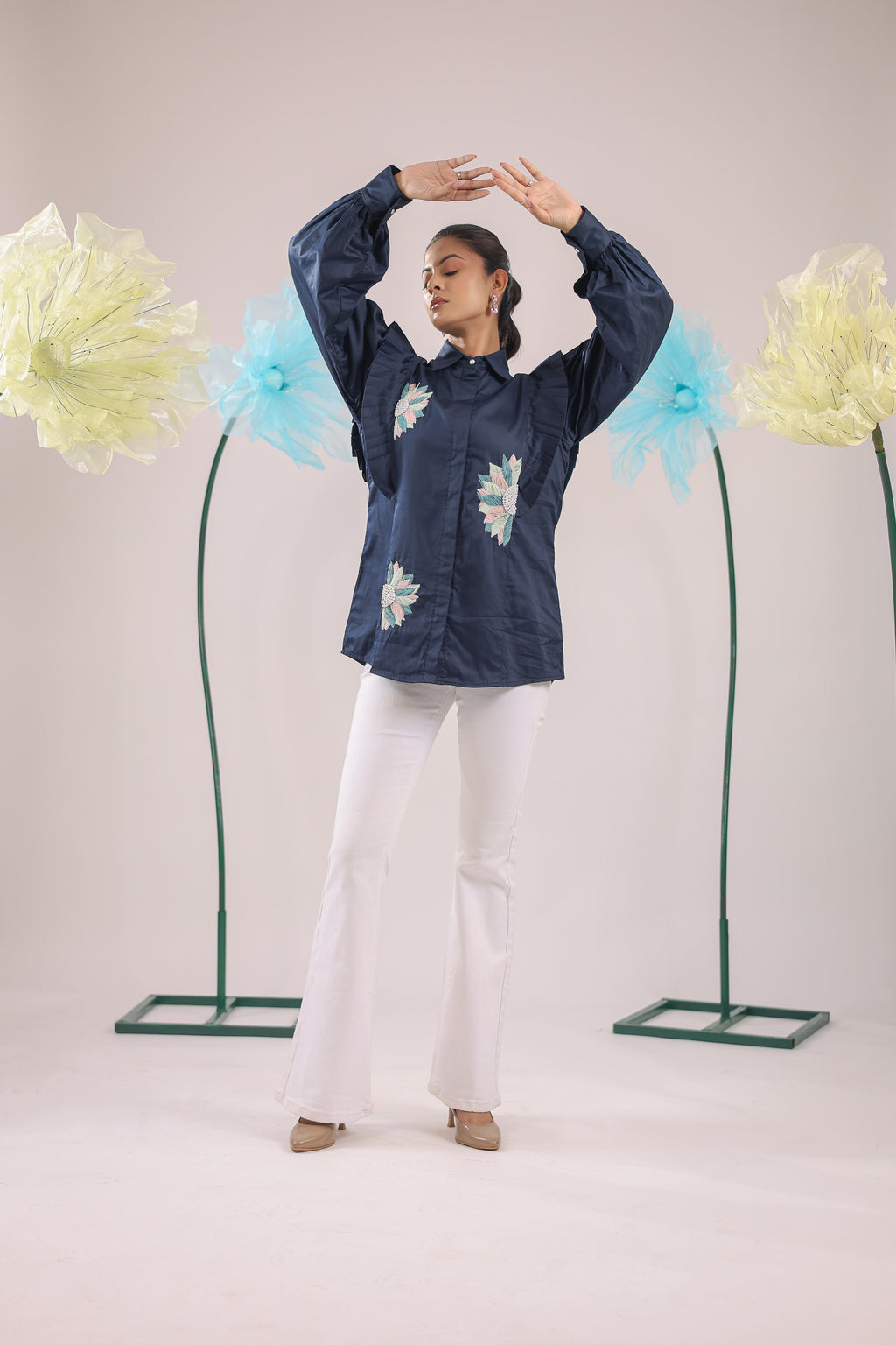 The Navy Blue Floral Pleated Cotton Shirt