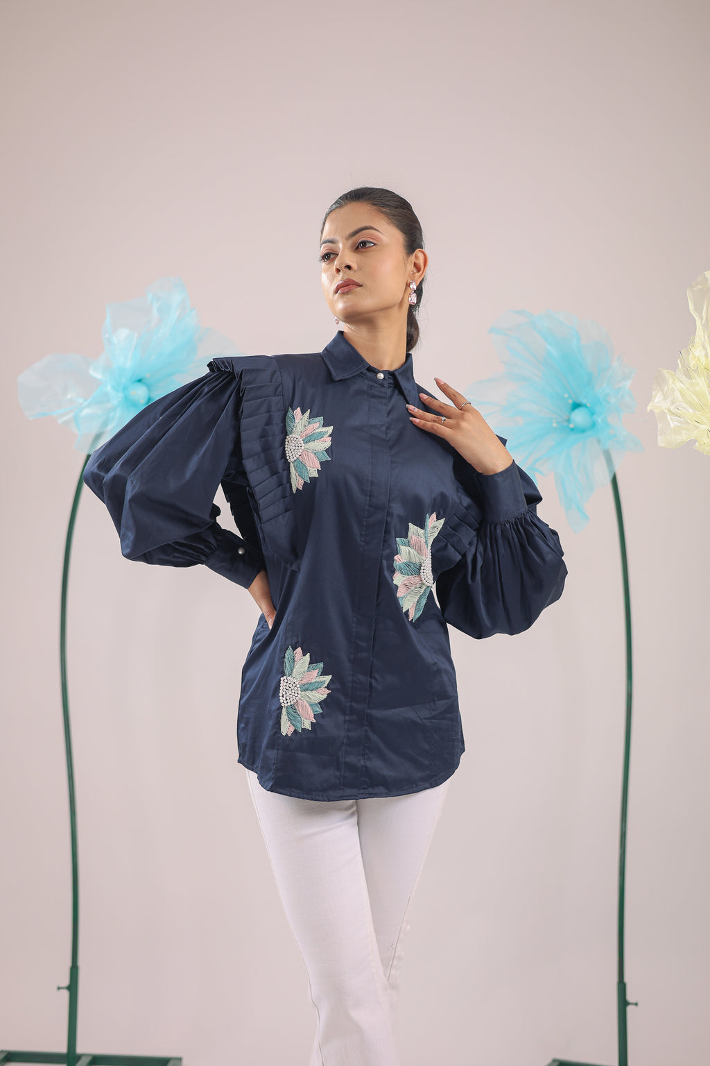 The Navy Blue Floral Pleated Cotton Shirt