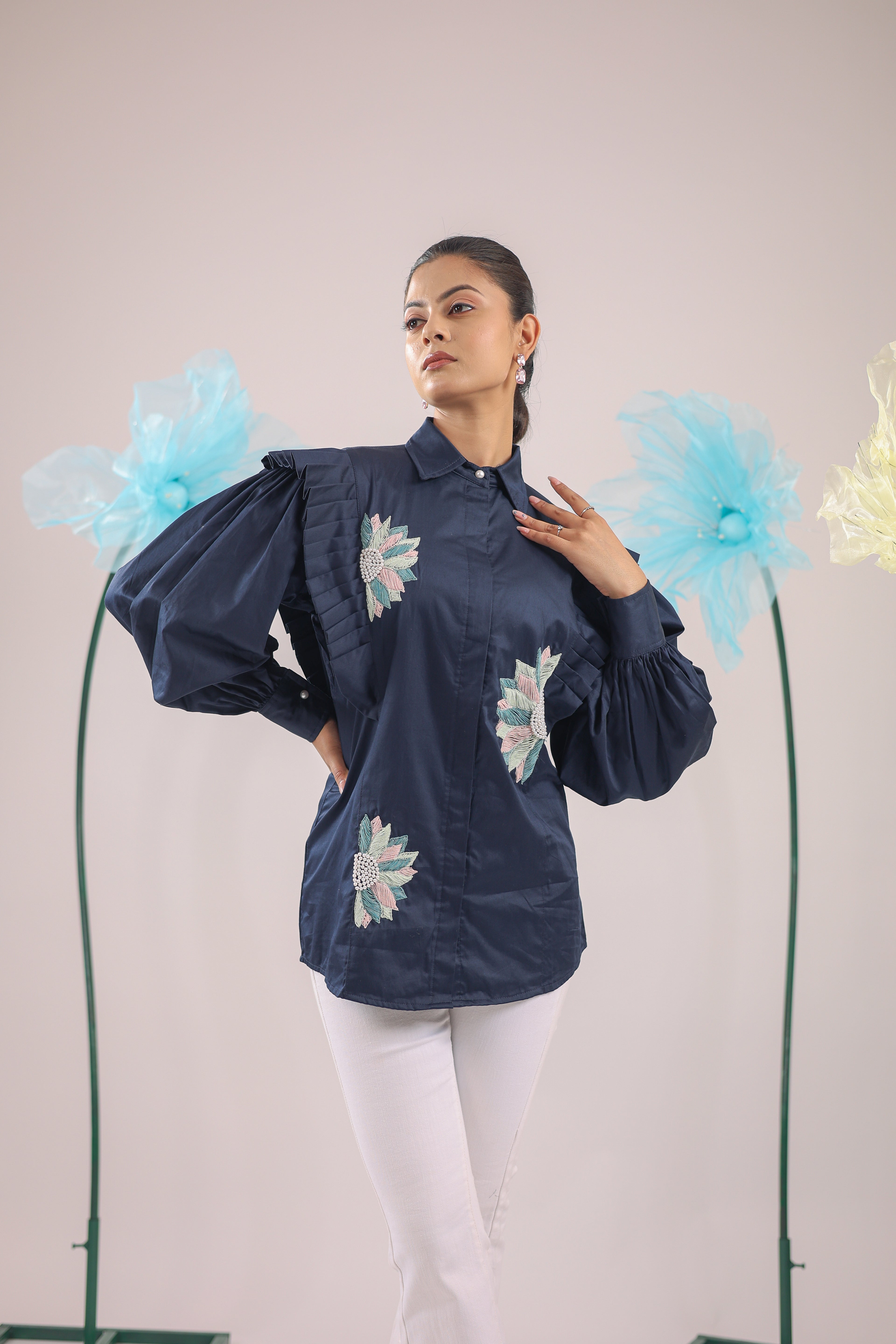 The Navy Blue Floral Pleated Cotton Shirt