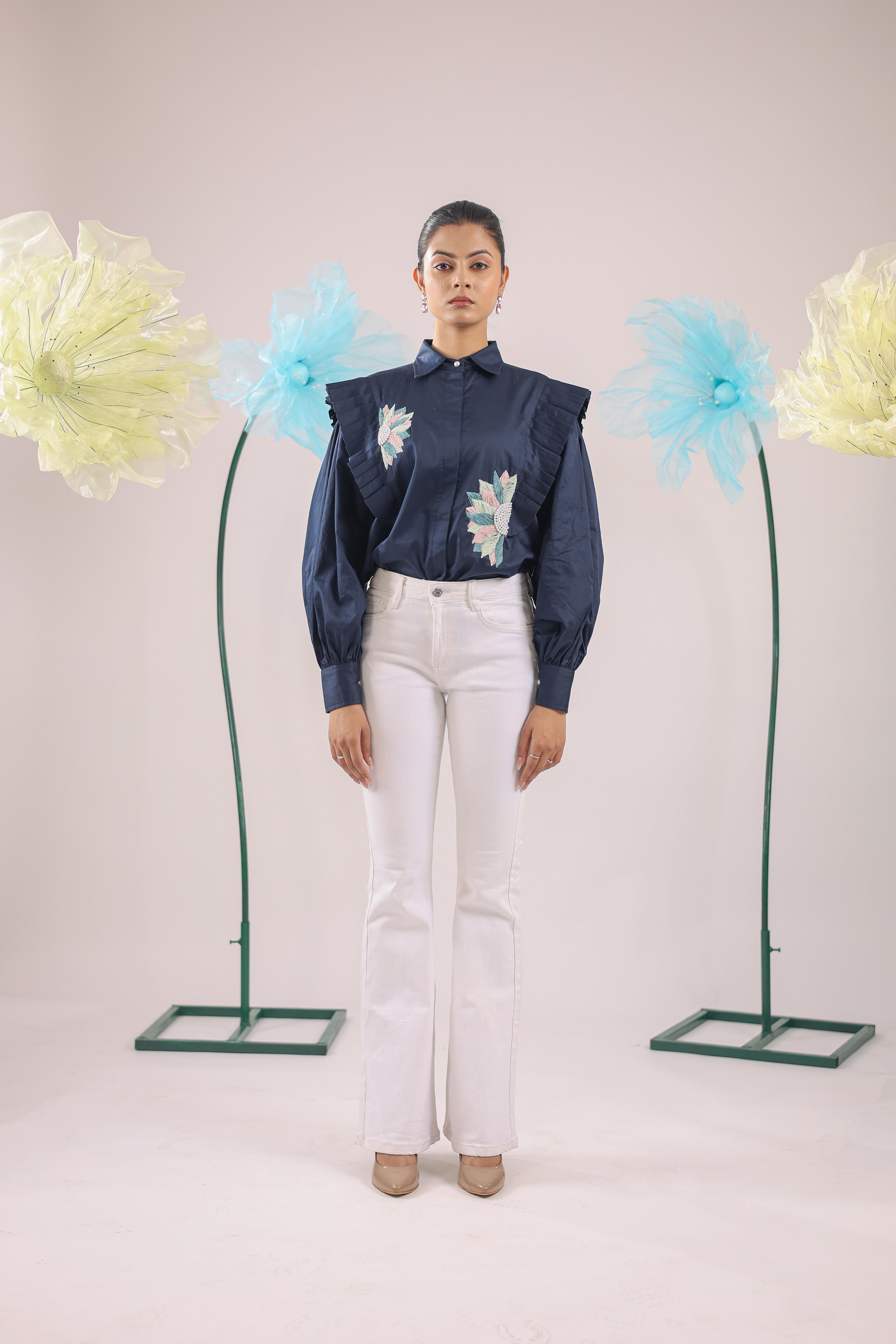 The Navy Blue Floral Pleated Cotton Shirt