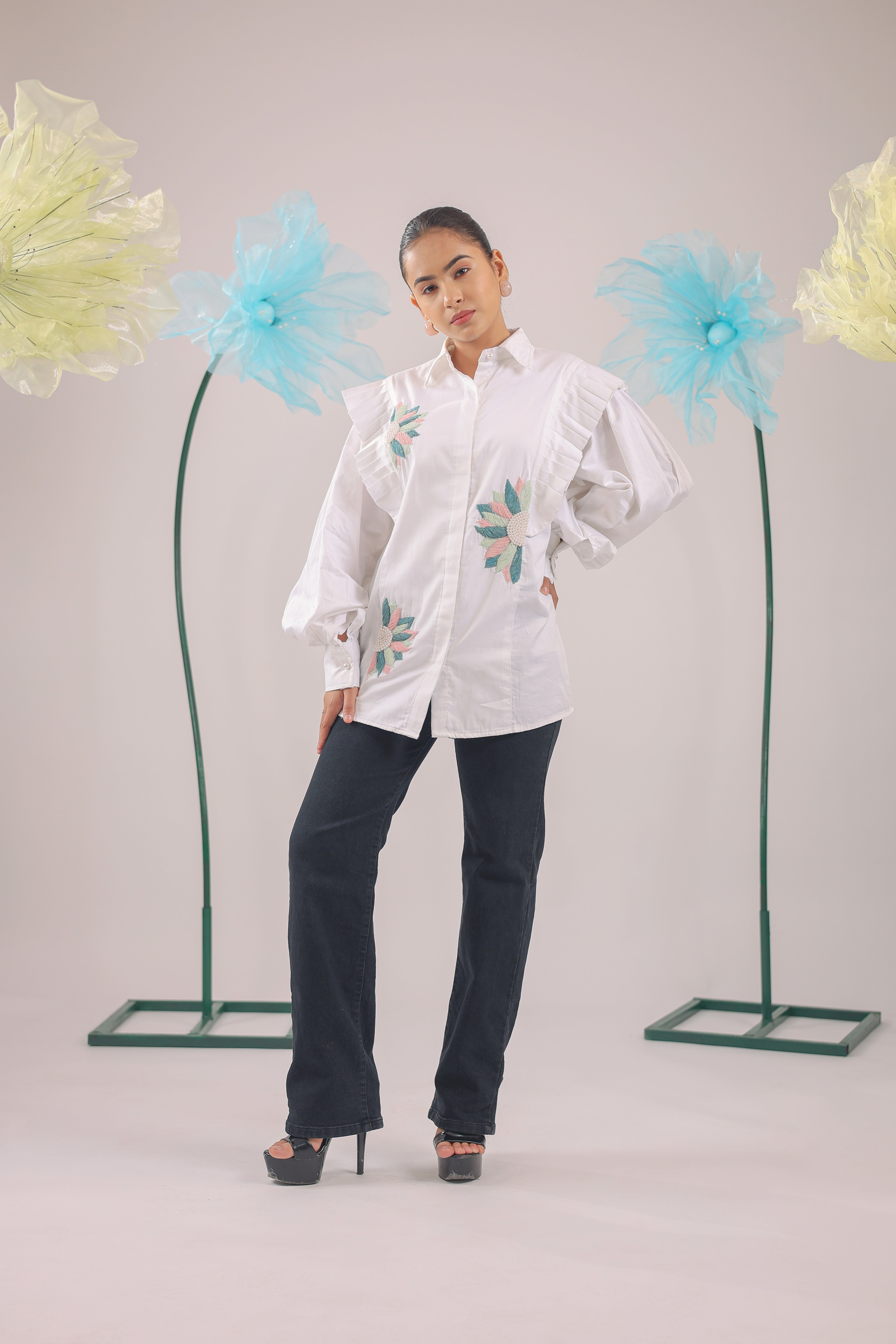 The White Floral Pleated Cotton Shirt