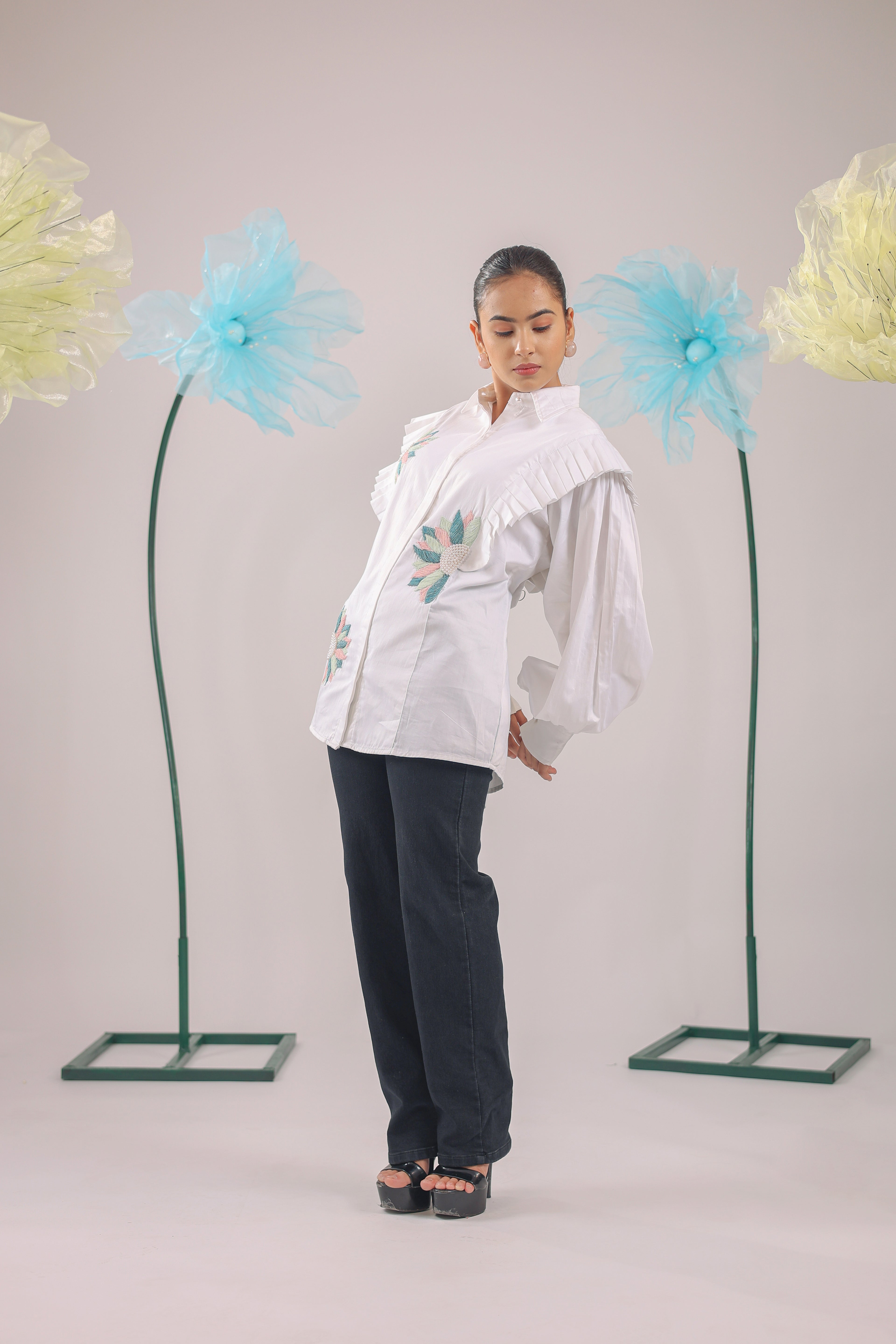 The White Floral Pleated Cotton Shirt