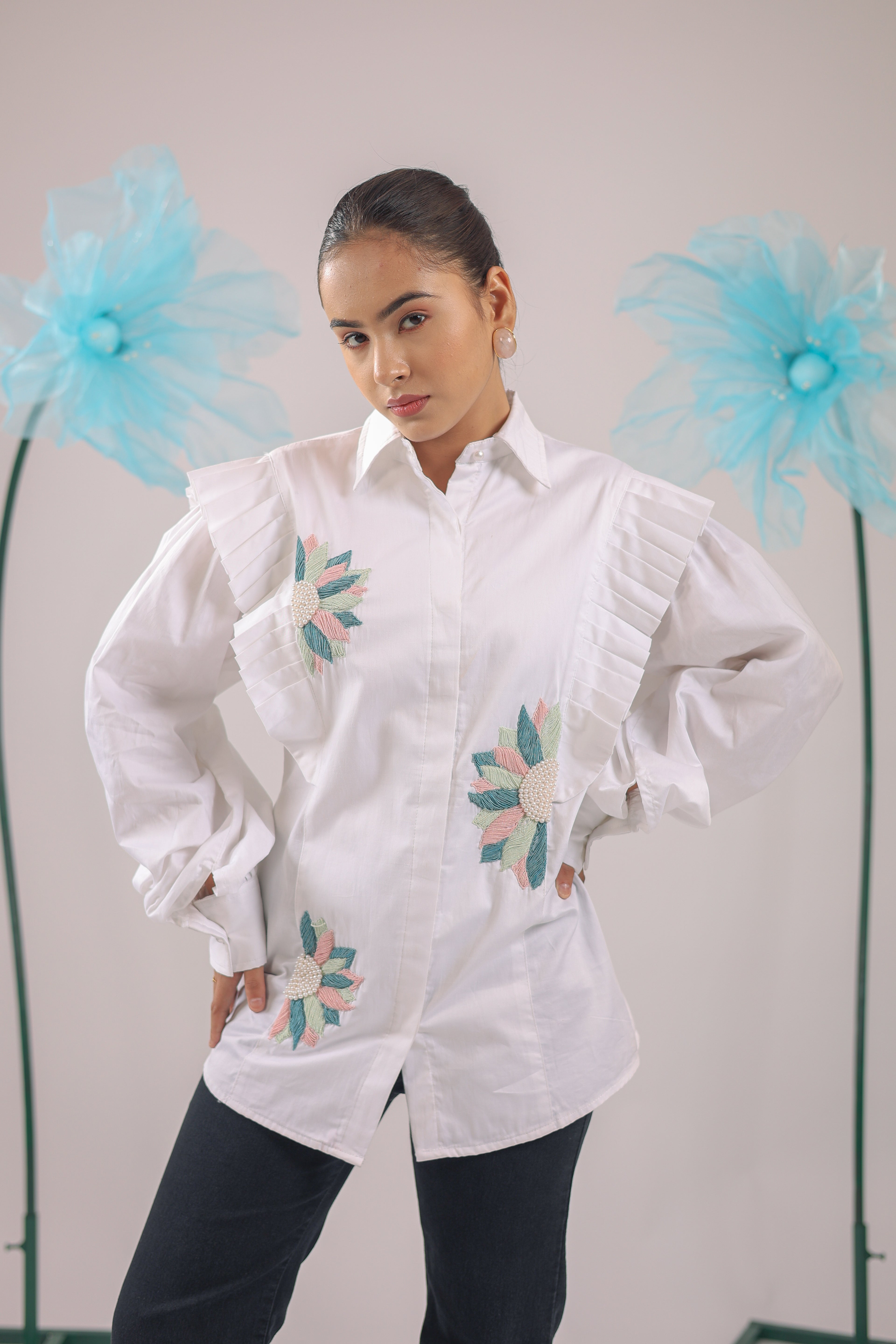 The White Floral Pleated Cotton Shirt