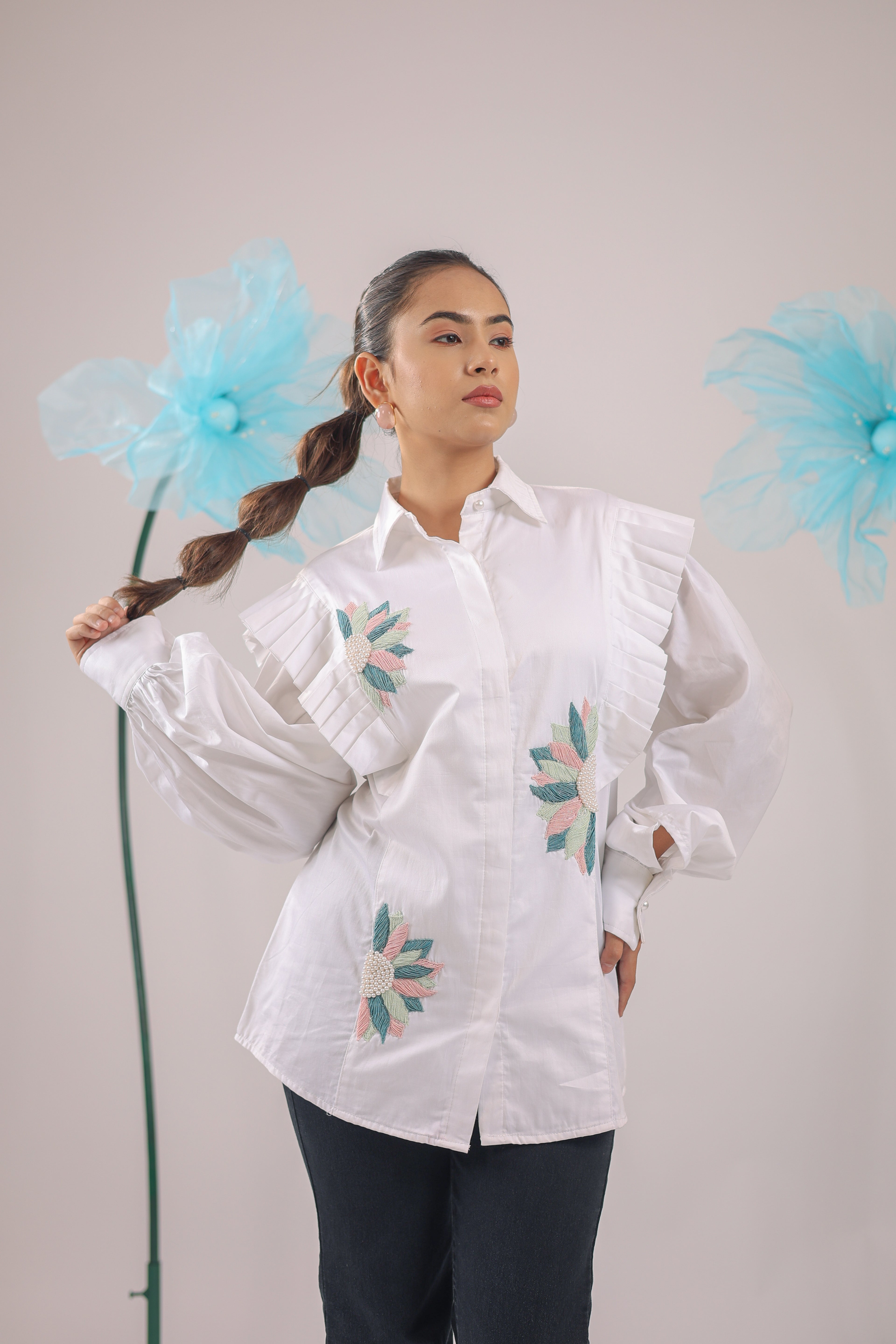 The White Floral Pleated Cotton Shirt