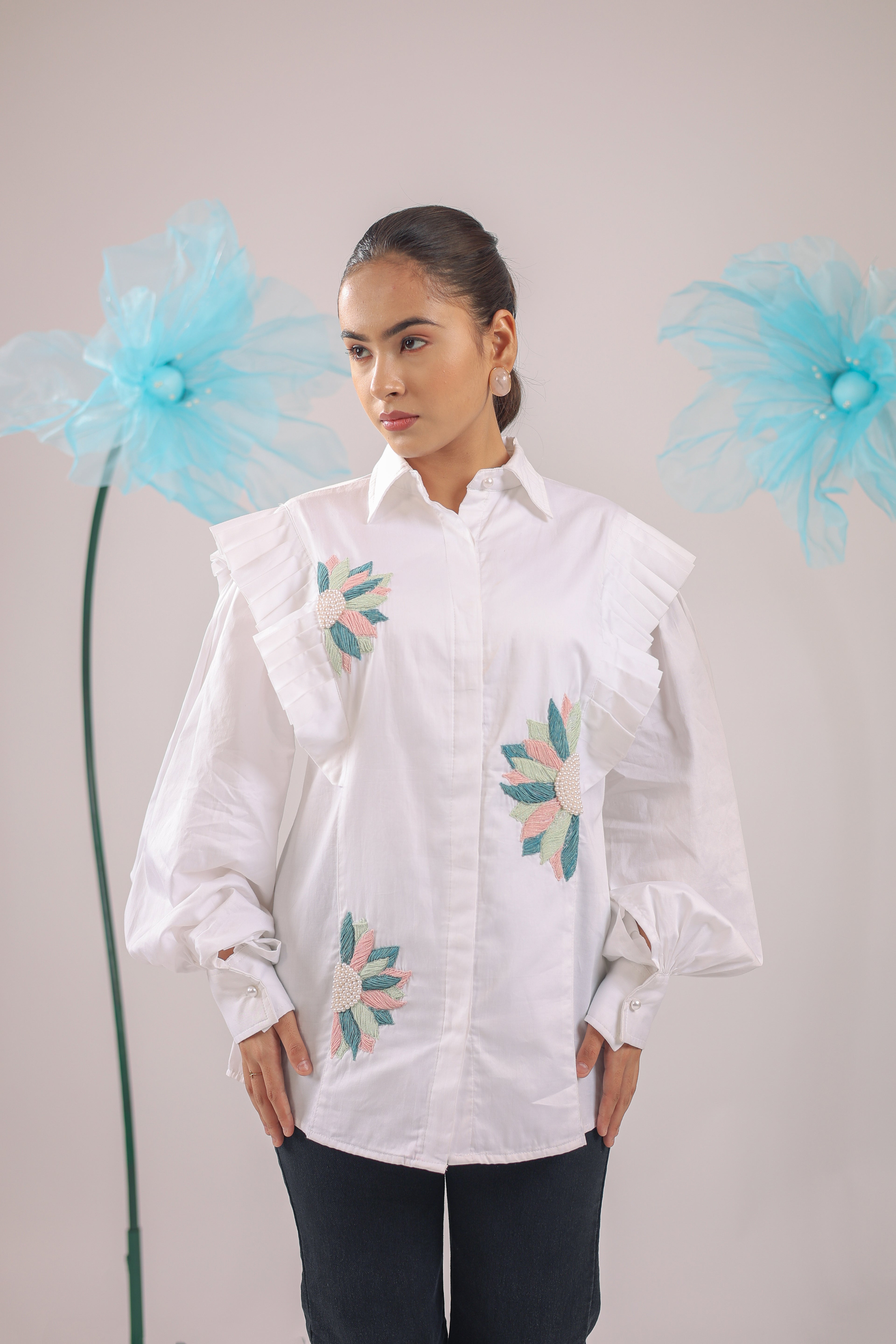 The White Floral Pleated Cotton Shirt