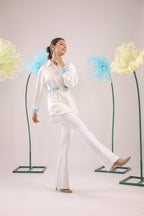 The White Gathered Crape Shirt with Sky Blue Embellishment