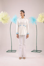 The White Gathered Crape Shirt with Sky Blue Embellishment