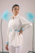 The White Gathered Crape Shirt with Sky Blue Embellishment