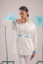 The White Gathered Crape Shirt with Sky Blue Embellishment