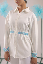 The White Gathered Crape Shirt with Sky Blue Embellishment