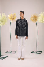 The Black Checks Stone Tassel Crape Shirt