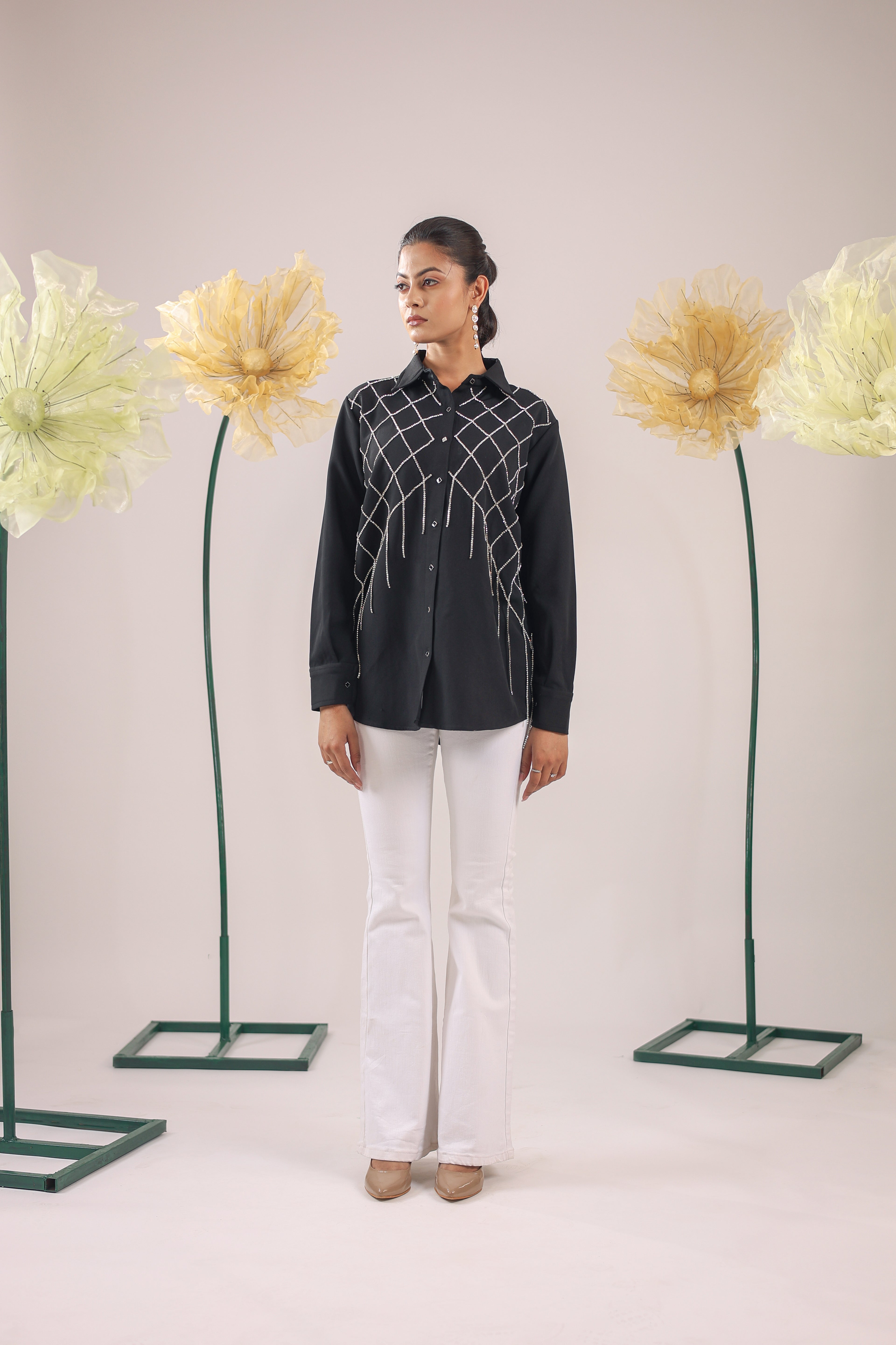 The Black Checks Stone Tassel Crape Shirt