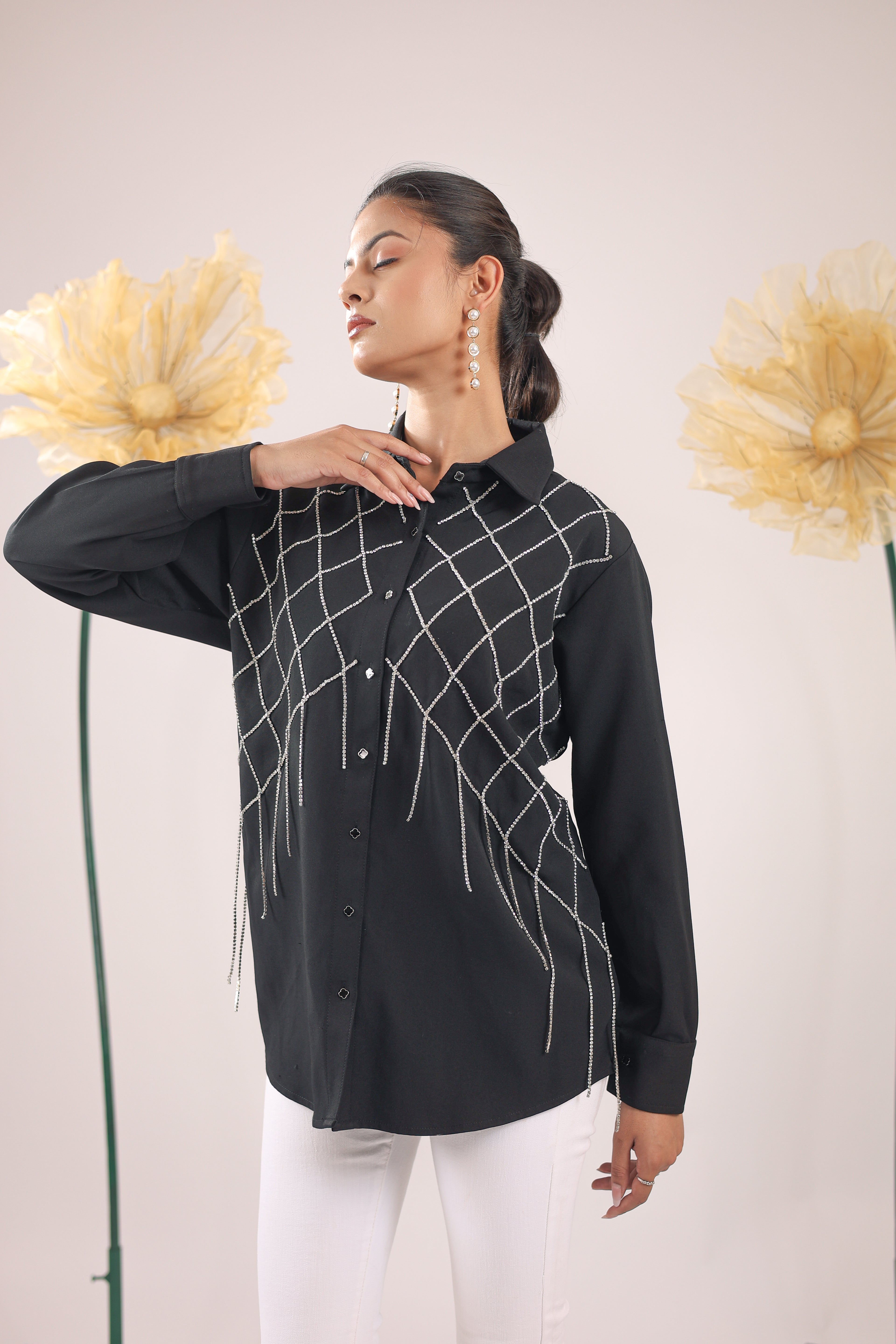 The Black Checks Stone Tassel Crape Shirt