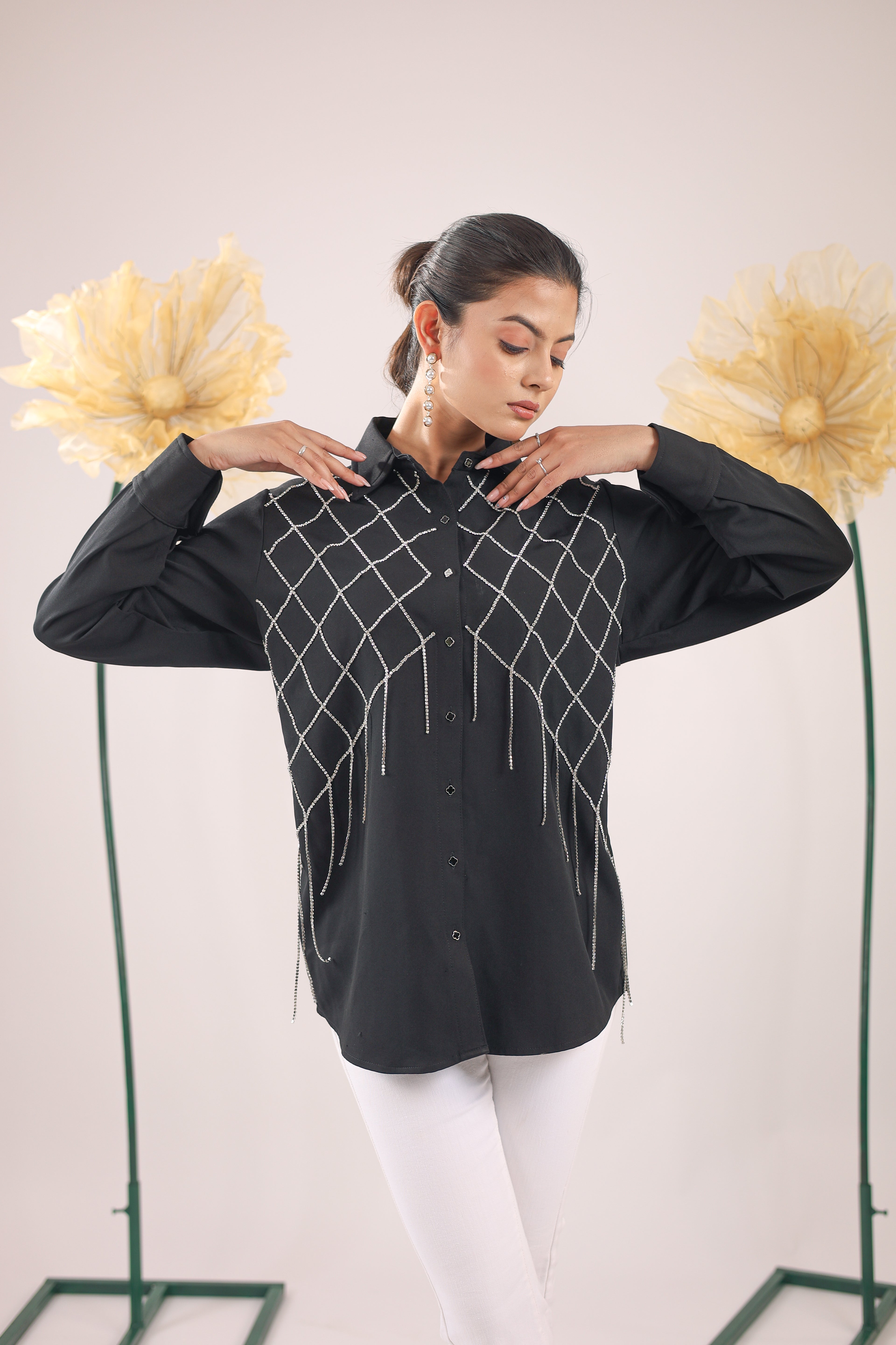 The Black Checks Stone Tassel Crape Shirt