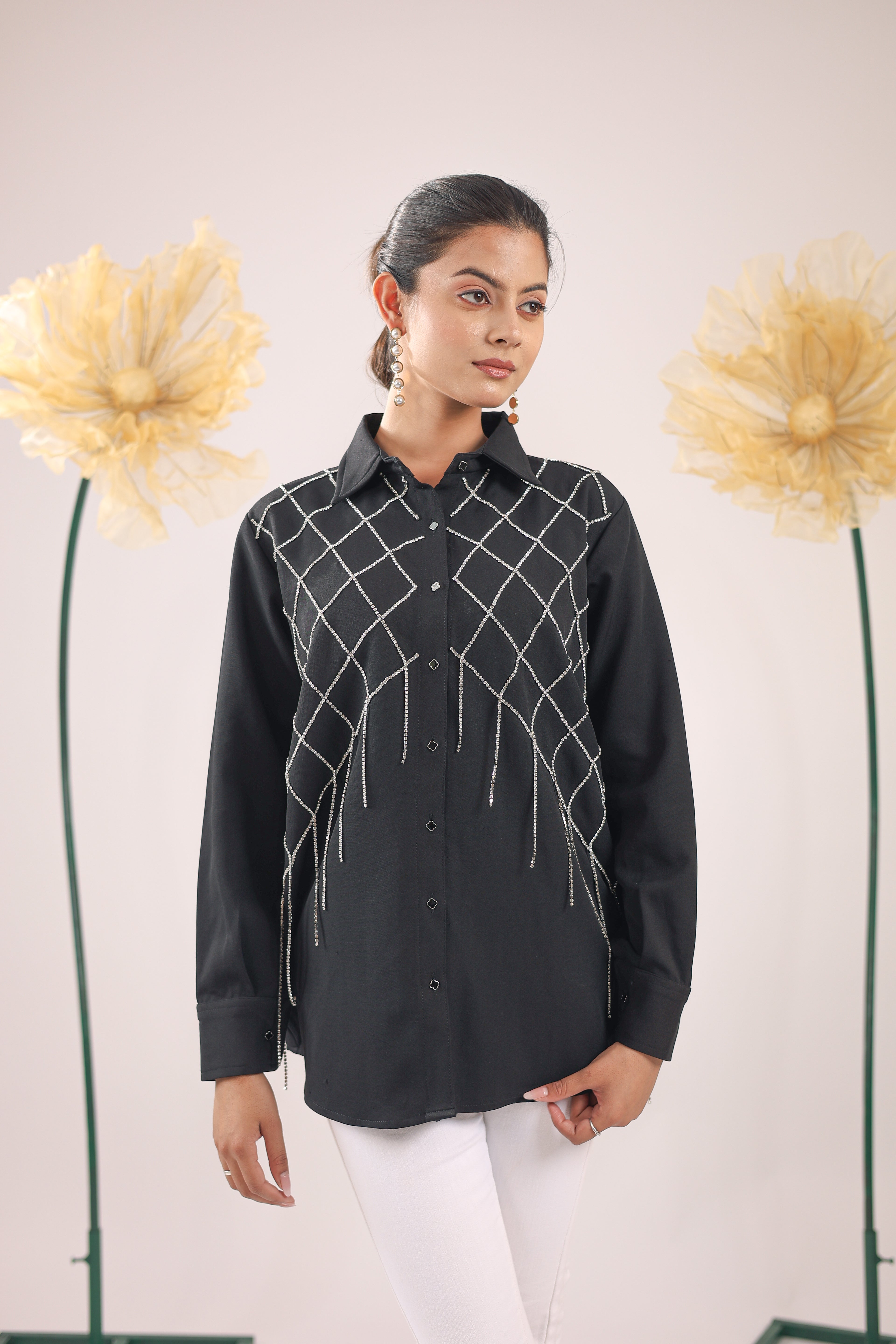 The Black Checks Stone Tassel Crape Shirt