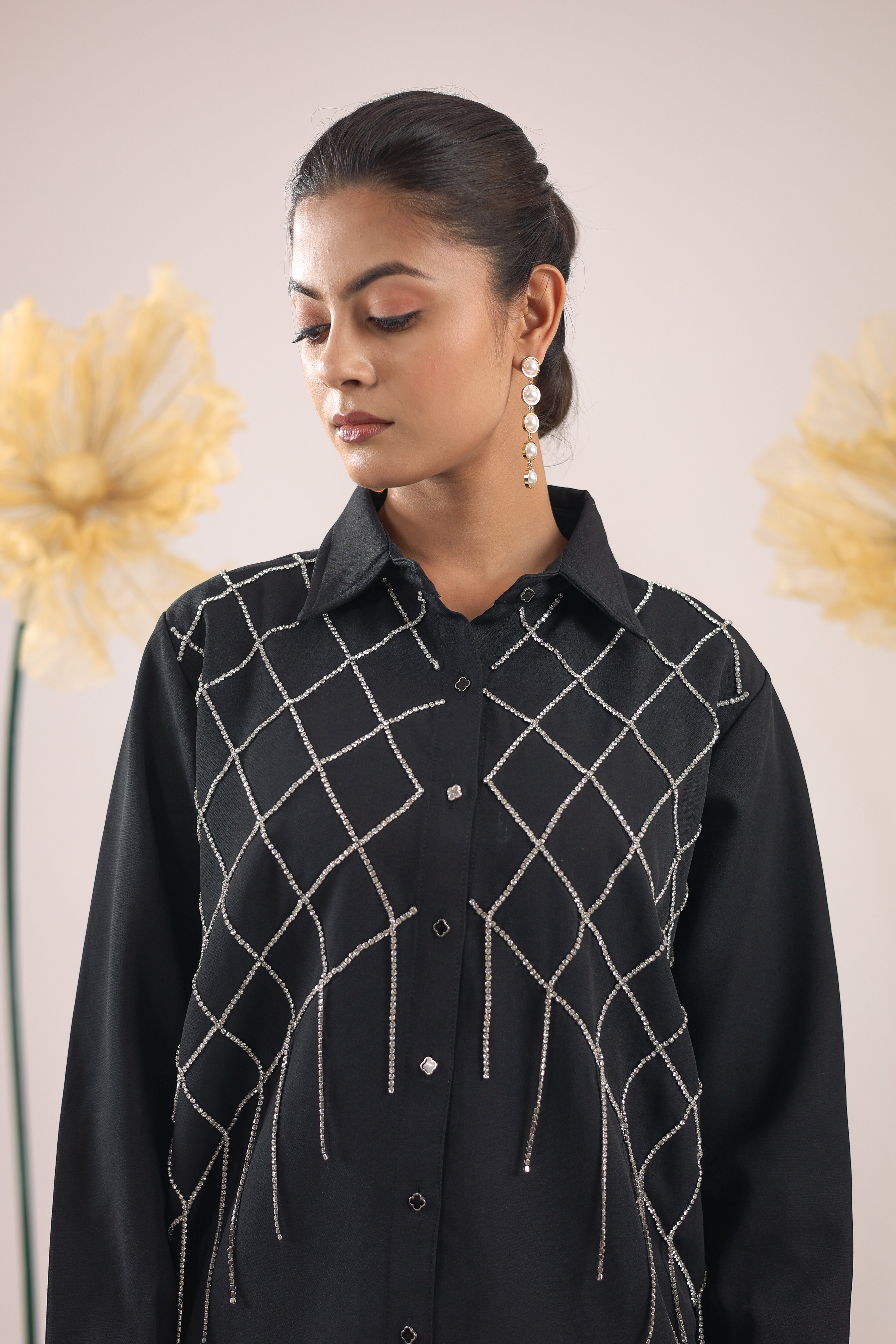 The Black Checks Stone Tassel Crape Shirt