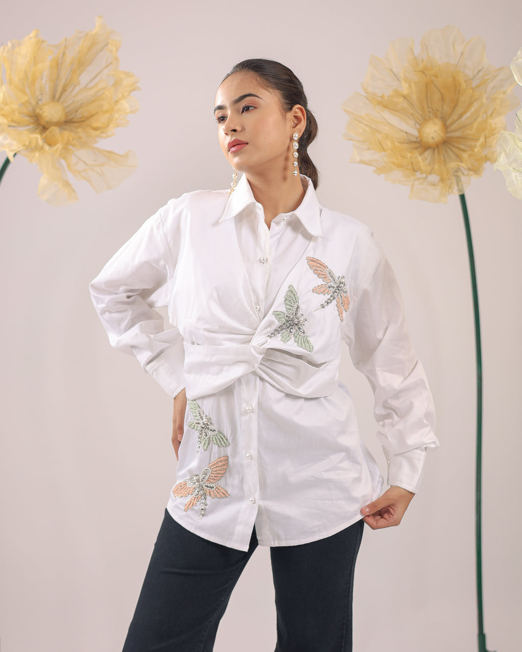 The White Knot Cotton Shirt with Dragon Fly Embellishments