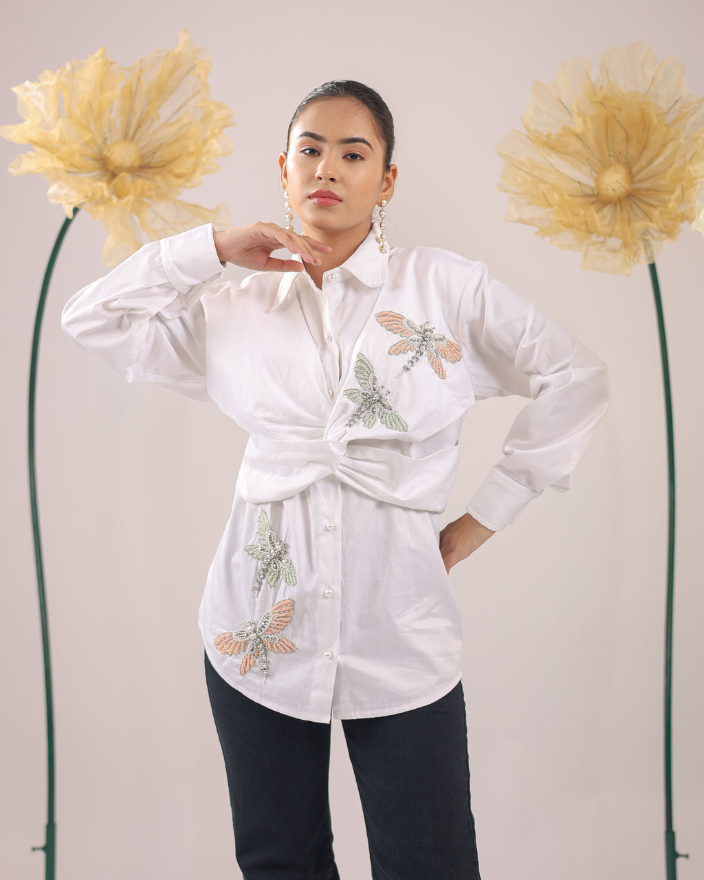 The White Knot Cotton Shirt with Dragon Fly Embellishments