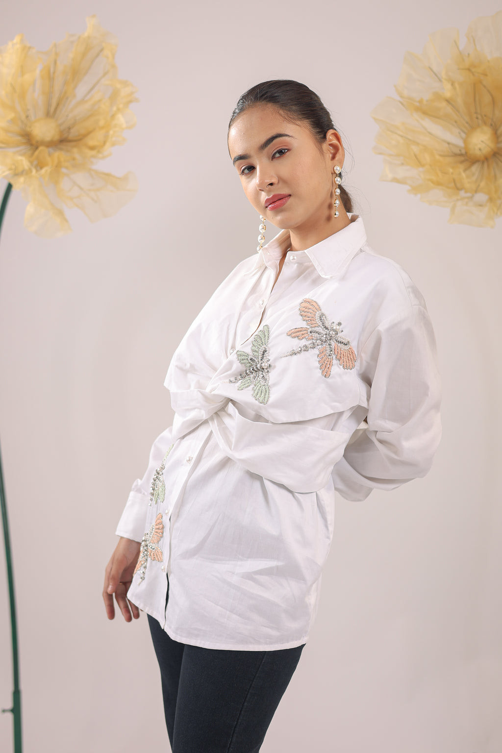 The White Knot Cotton Shirt with Dragon Fly Embellishments