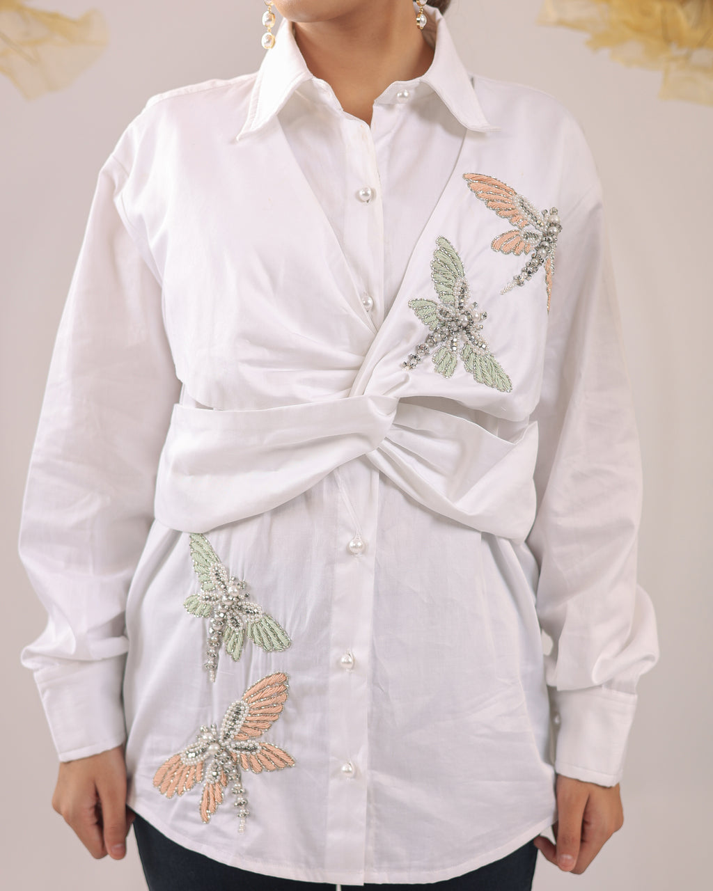 The White Knot Cotton Shirt with Dragon Fly Embellishments