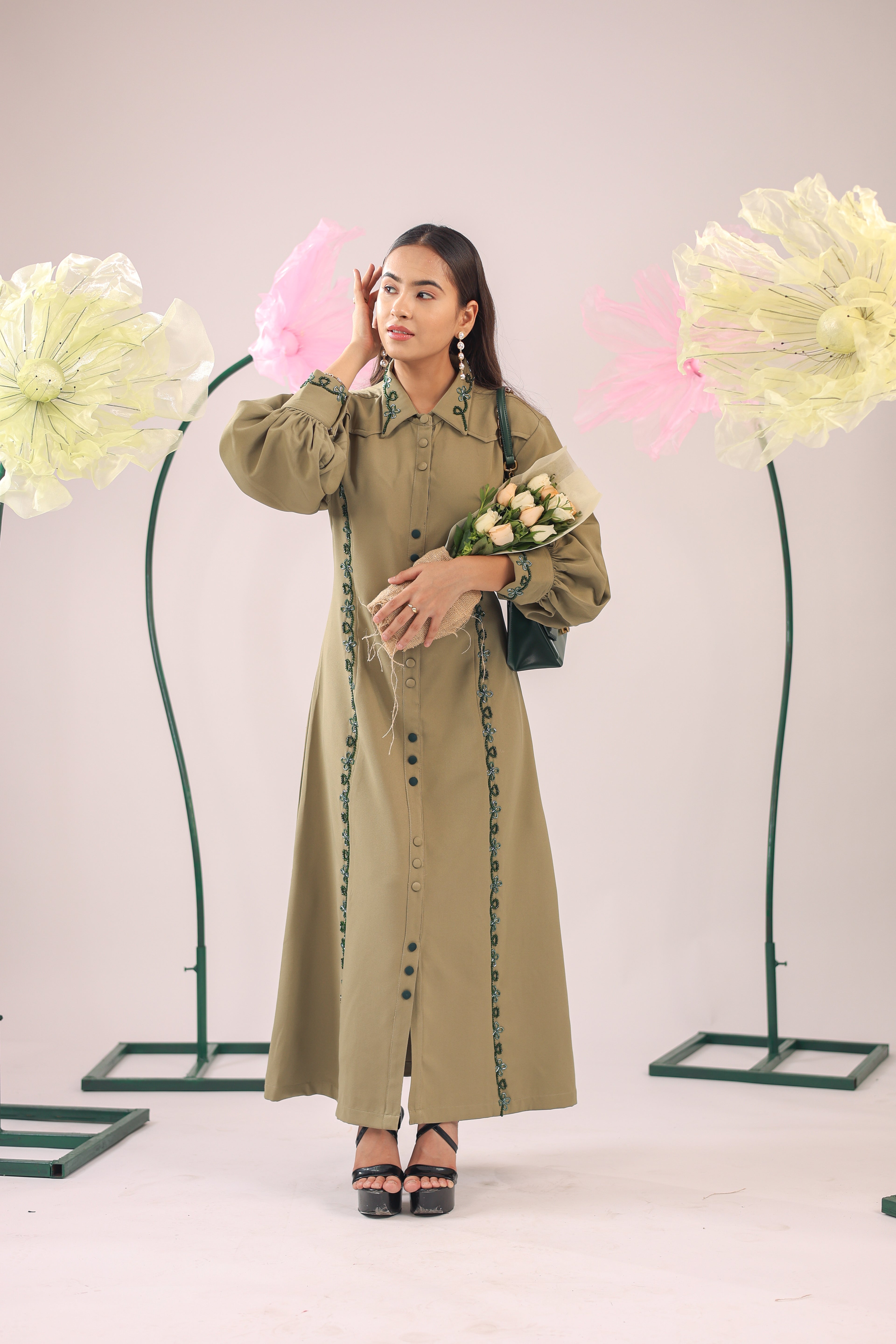 The Olive Green Embellished A-line Midi Dress