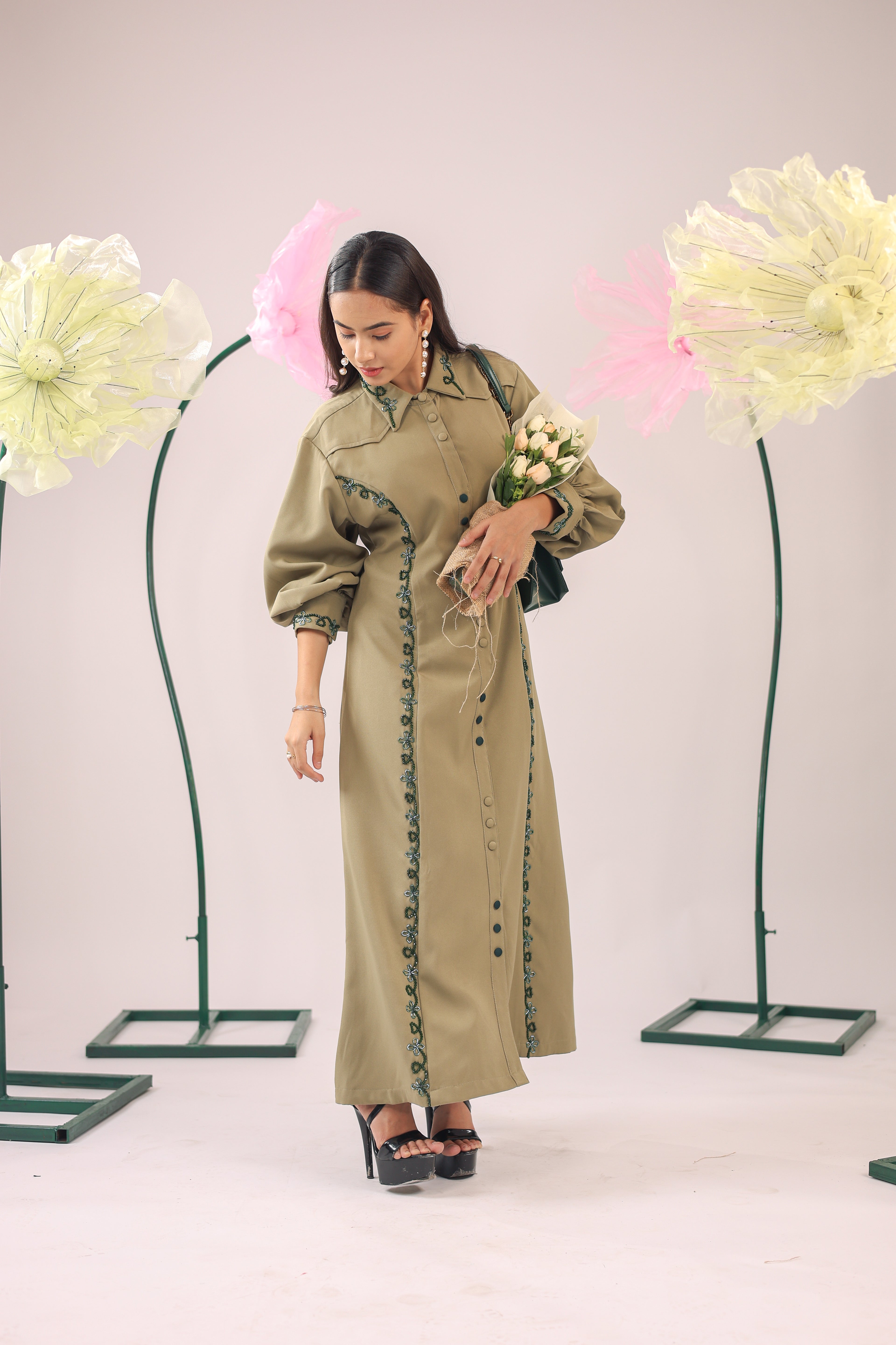 The Olive Green Embellished A-line Midi Dress