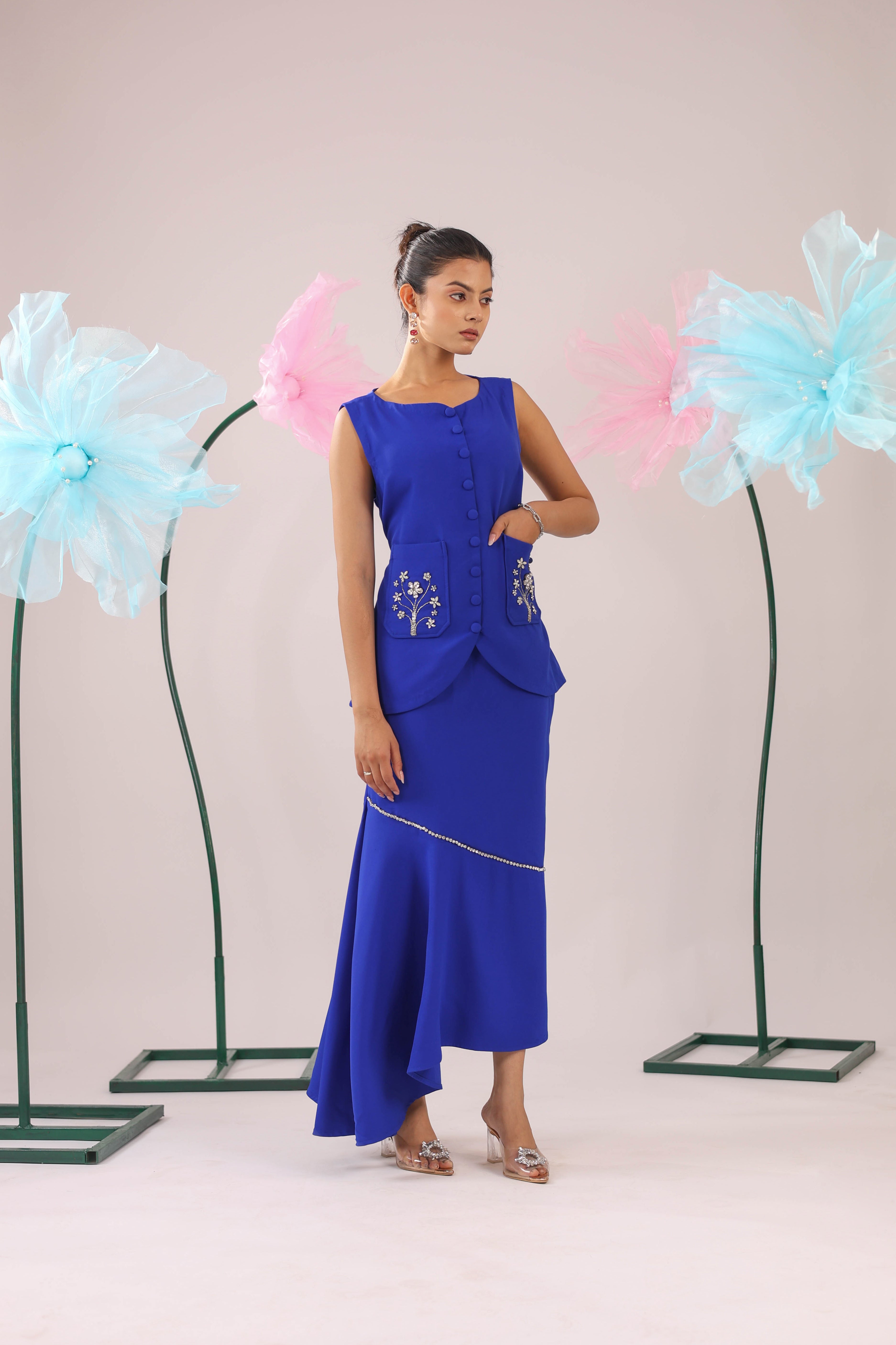 The Royal Blue Floral Stone Embellished Vest With Asymmetrical Skirt Set
