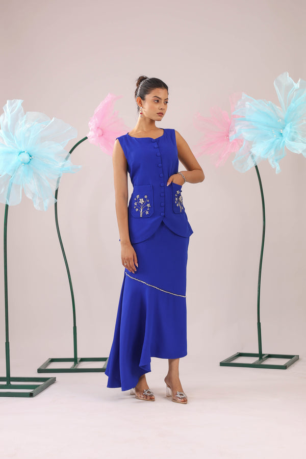 The Royal Blue Floral Stone Embellished Vest With Asymmetrical Skirt Set