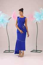The Royal Blue Floral Stone Embellished Vest With Asymmetrical Skirt Set