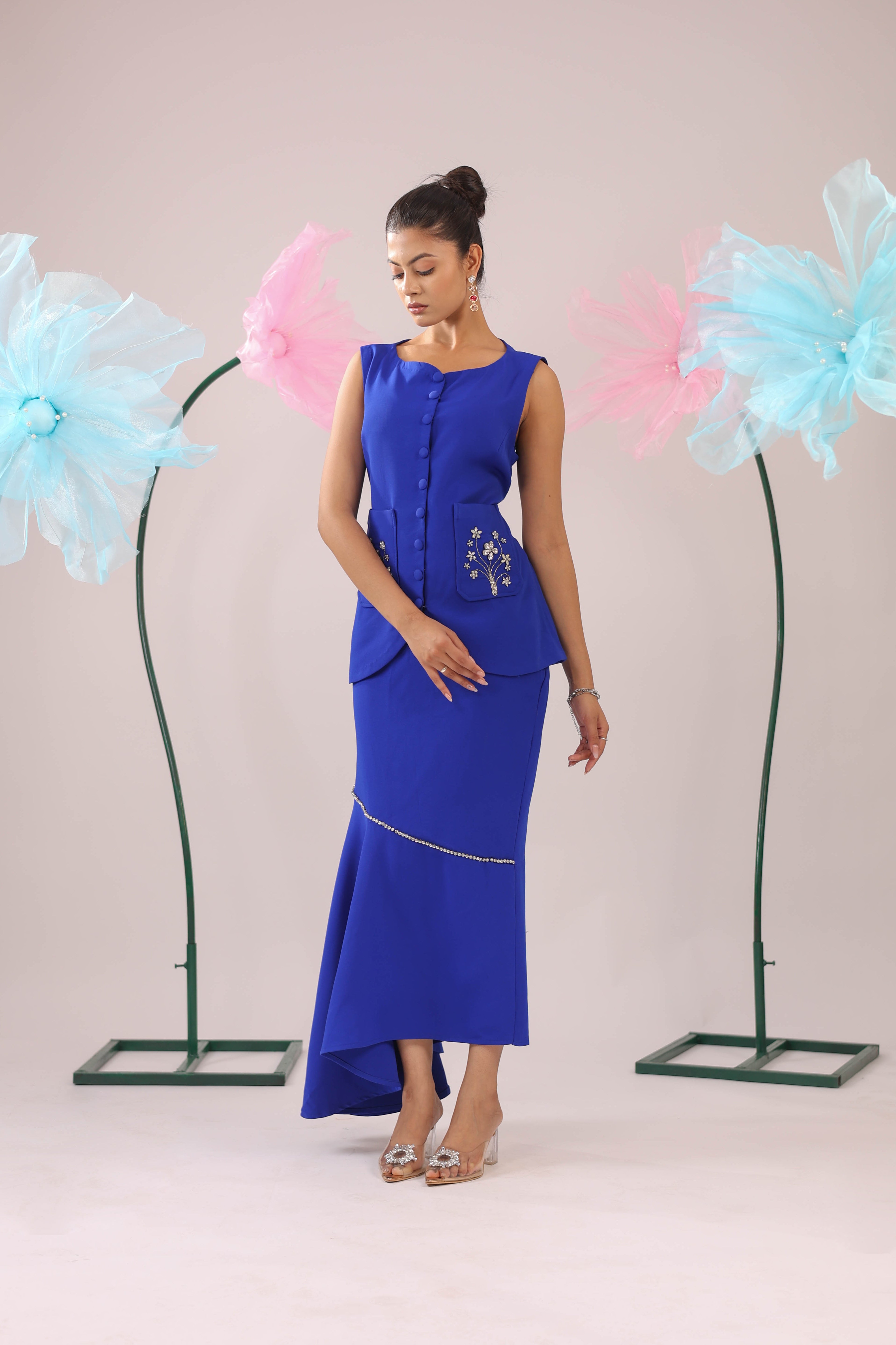 The Royal Blue Floral Stone Embellished Vest With Asymmetrical Skirt Set