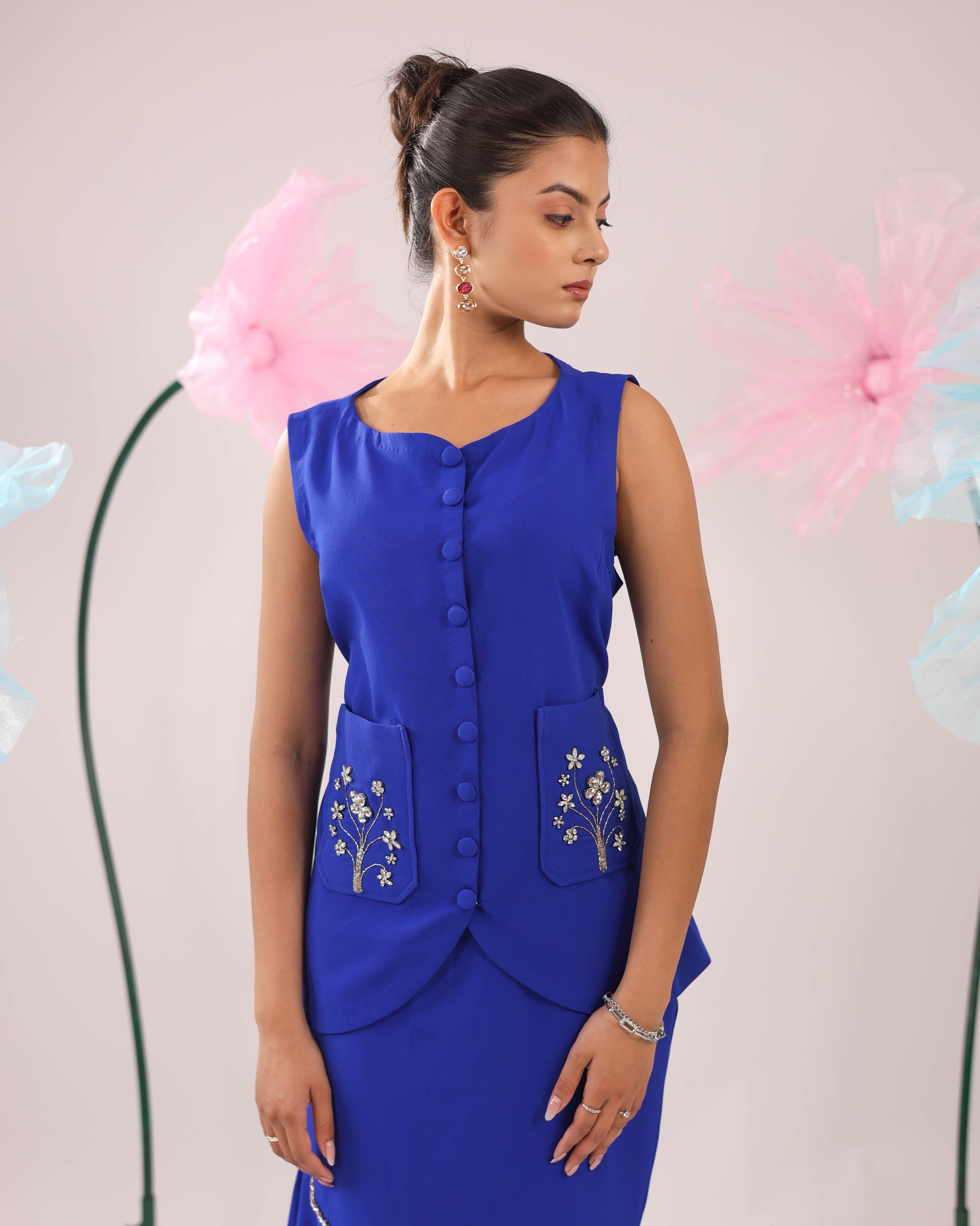 The Royal Blue Floral Stone Embellished Vest With Asymmetrical Skirt Set