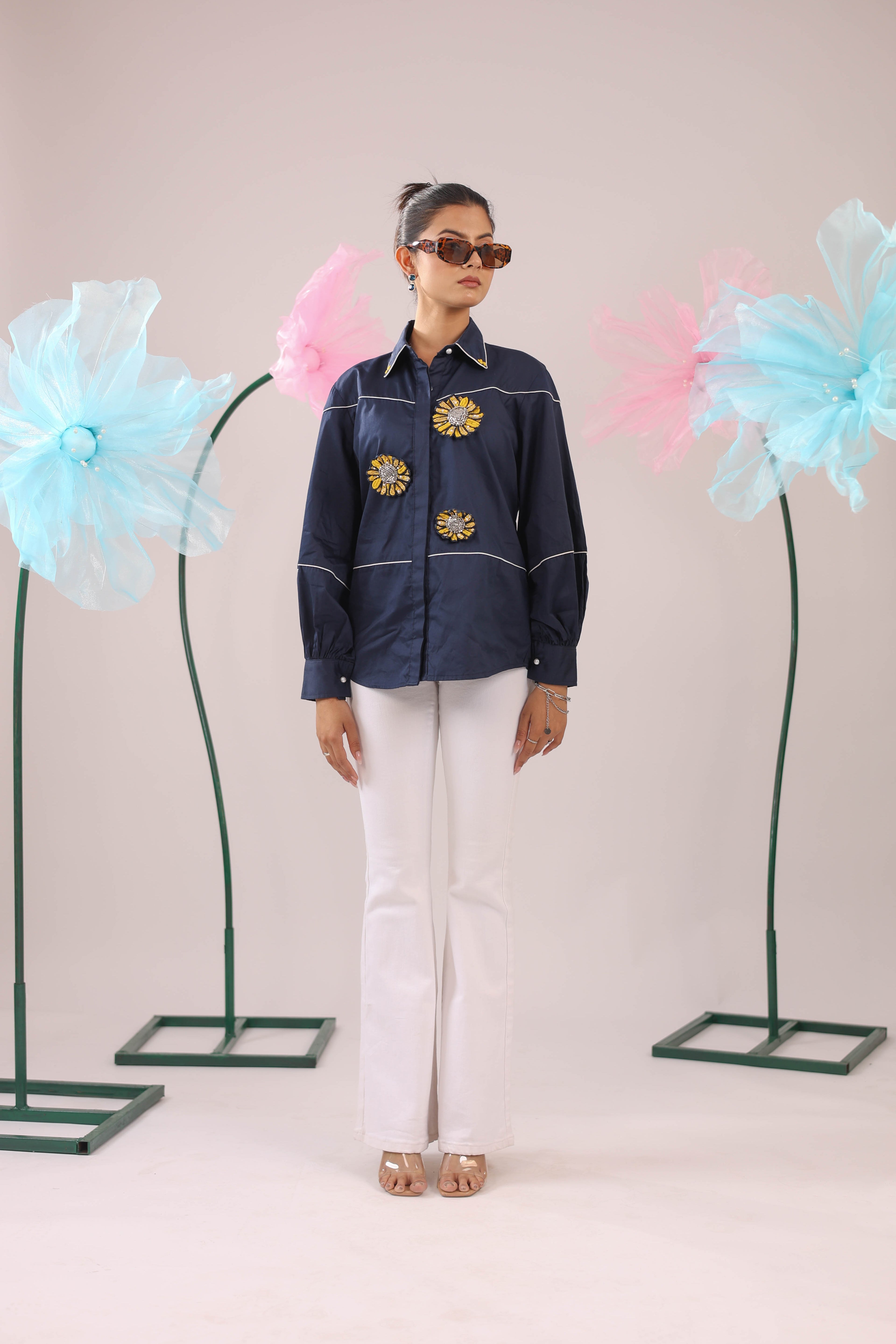 The Navy Blue Cotton Shirt with 3D Yellow Embellished Flowers