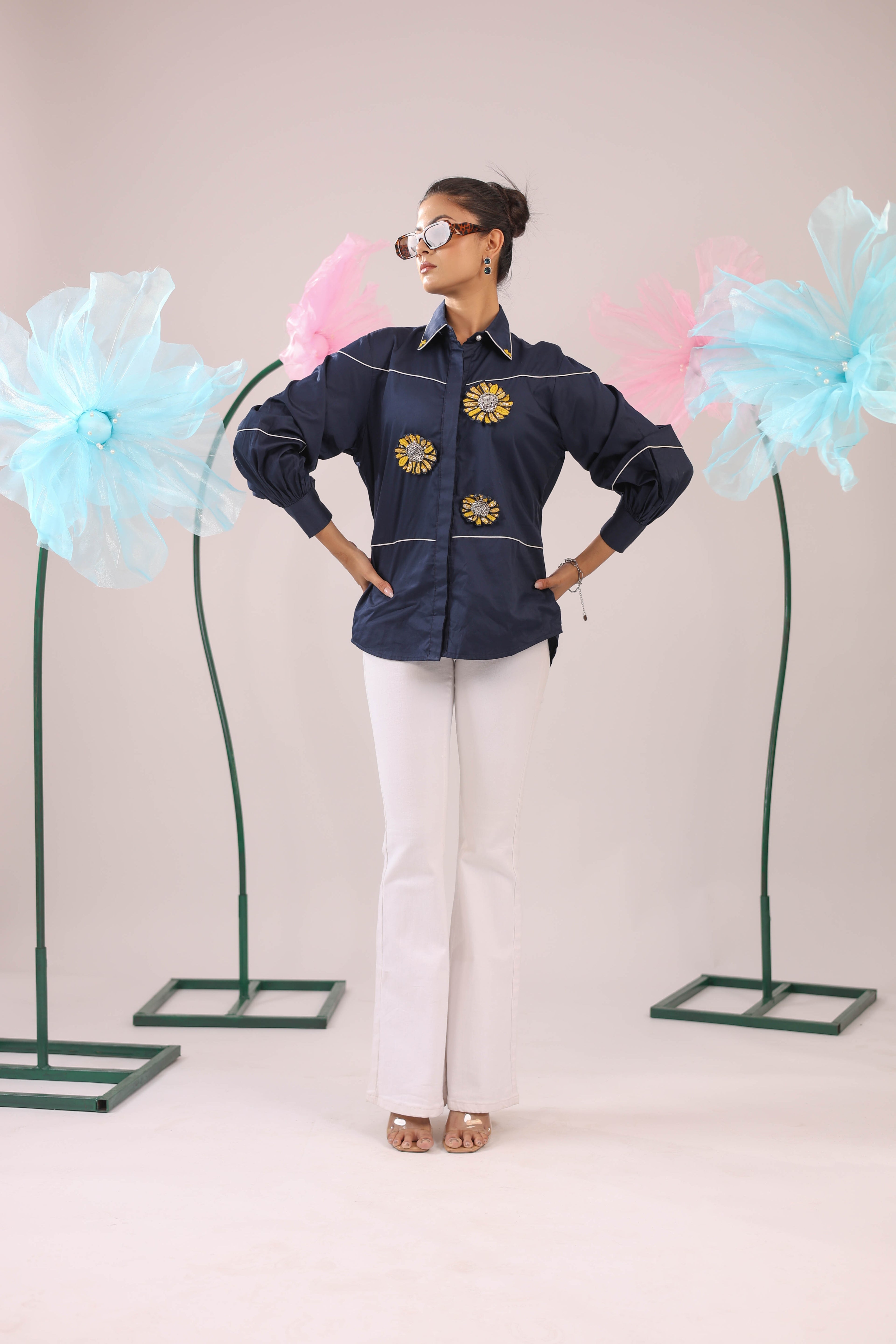 The Navy Blue Cotton Shirt with 3D Yellow Embellished Flowers