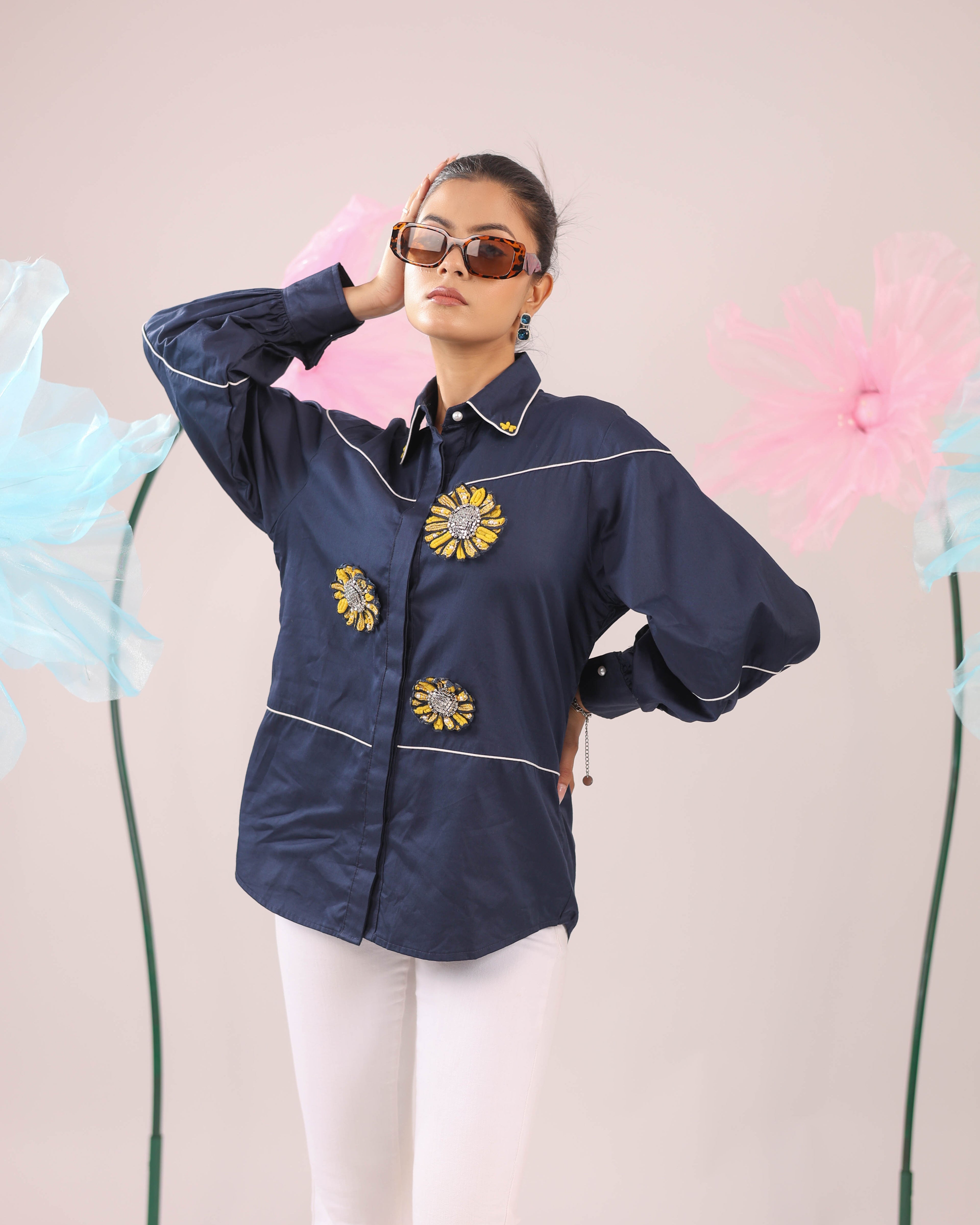 The Navy Blue Cotton Shirt with 3D Yellow Embellished Flowers