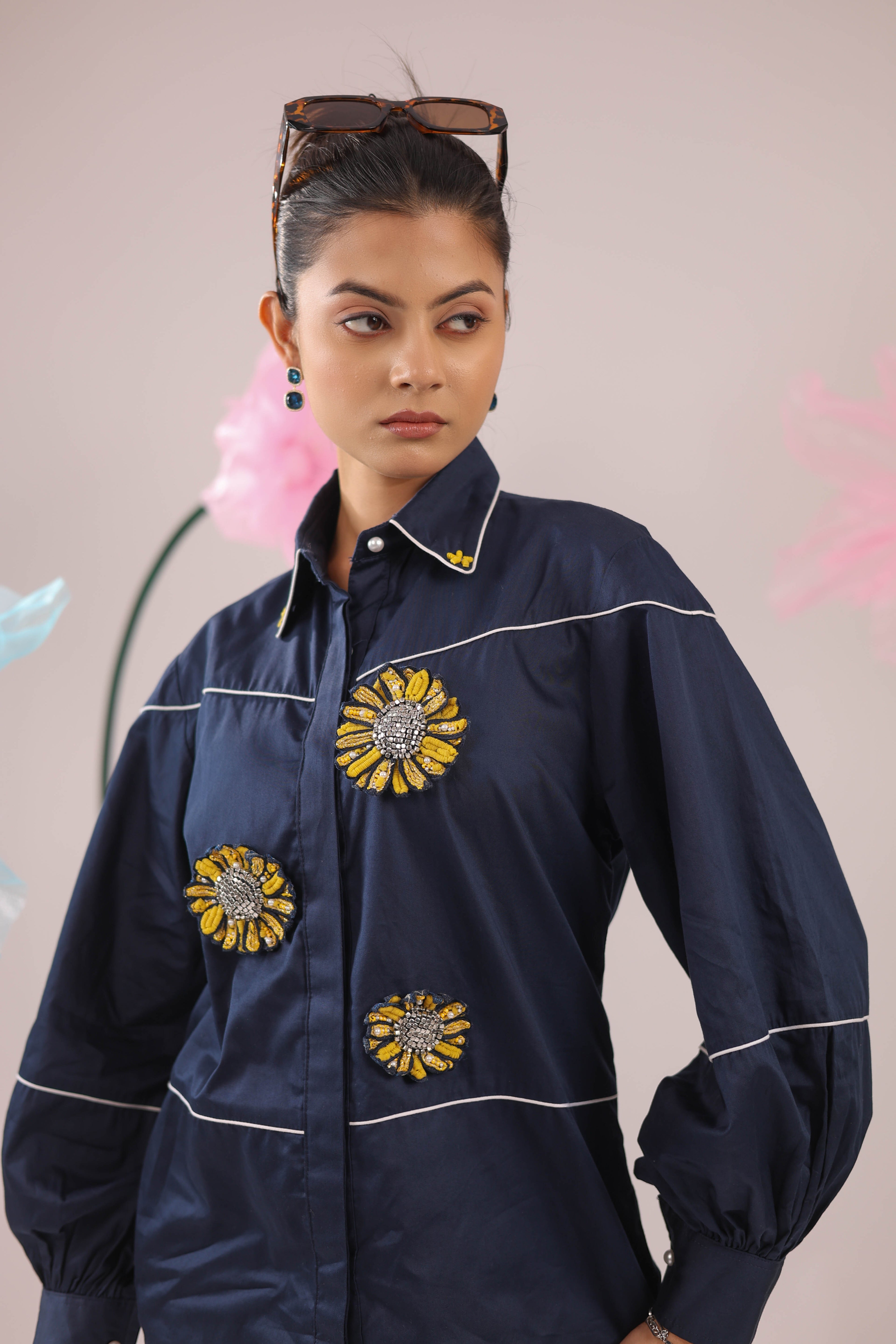 The Navy Blue Cotton Shirt with 3D Yellow Embellished Flowers