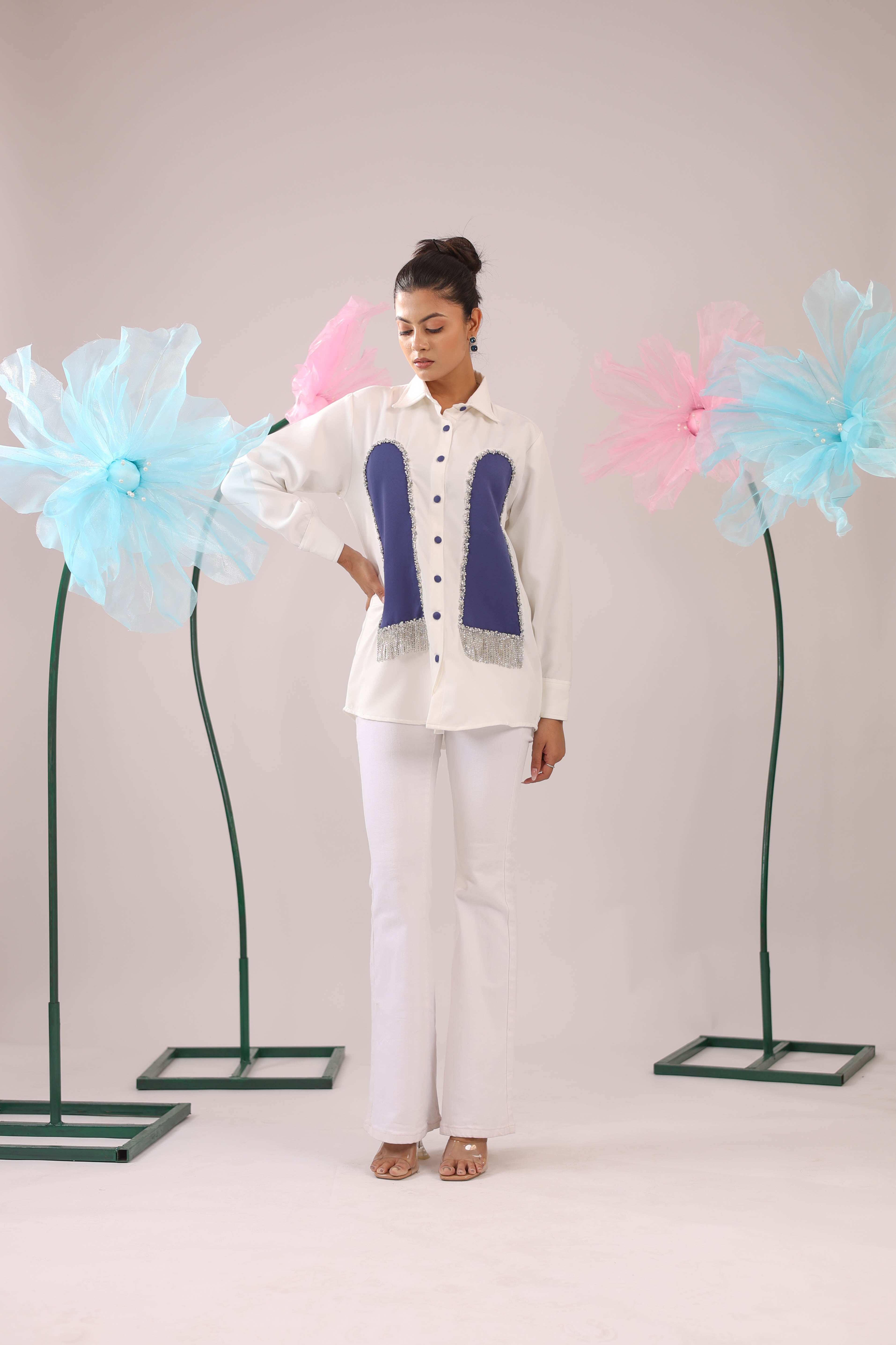 The White and Purple Stone Tassel Crape Shirt