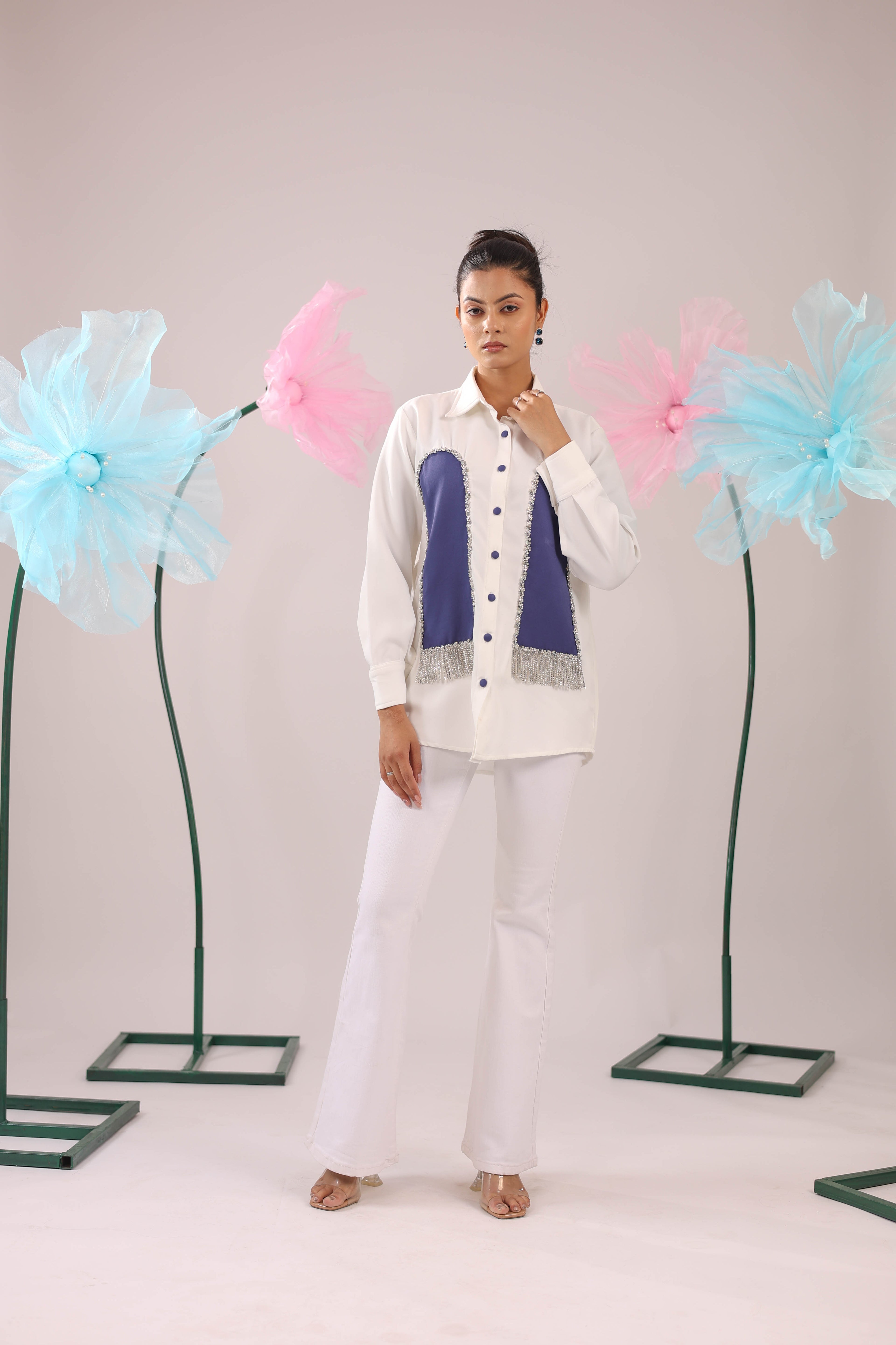 The White and Purple Stone Tassel Crape Shirt