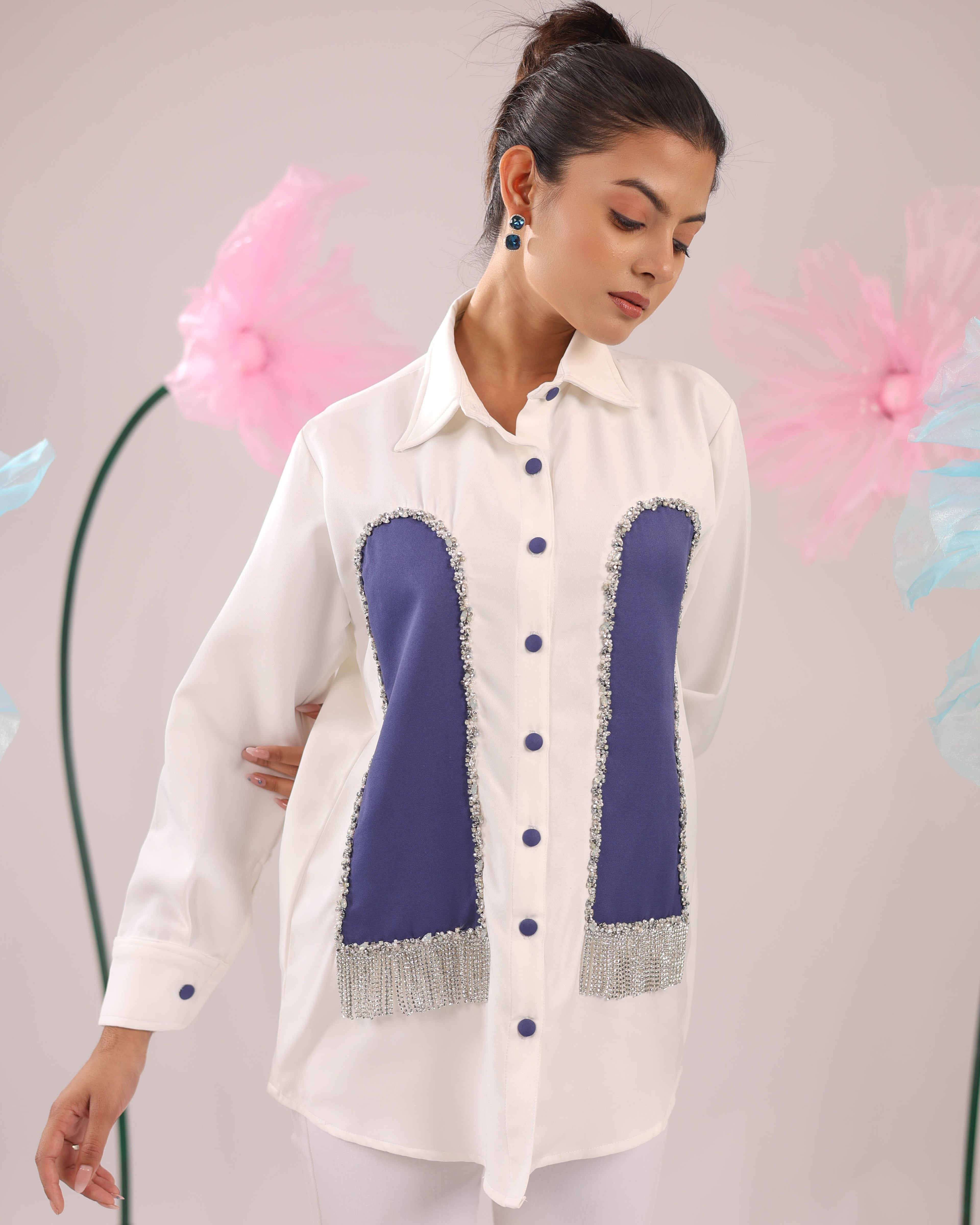 The White and Purple Stone Tassel Crape Shirt
