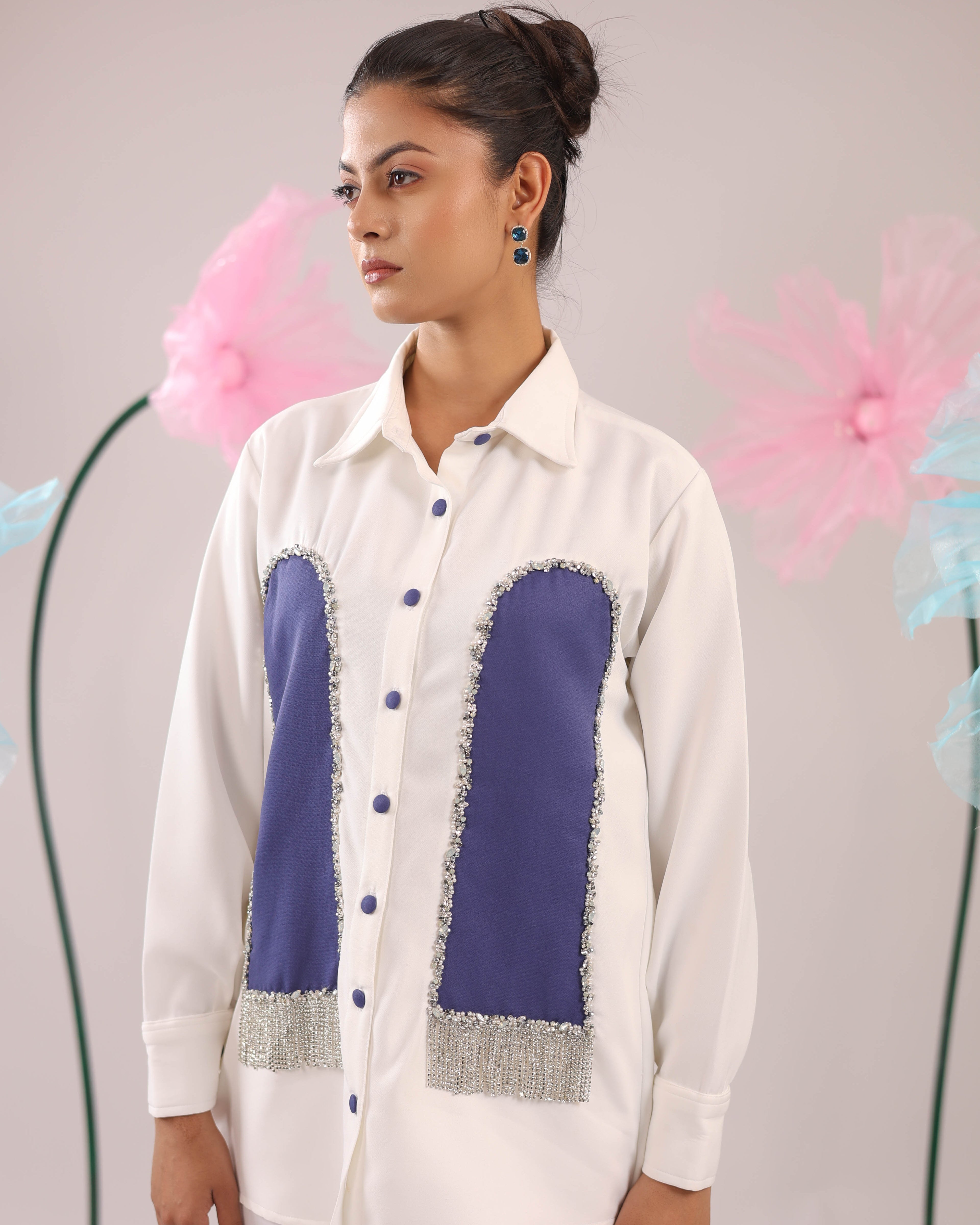 The White and Purple Stone Tassel Crape Shirt