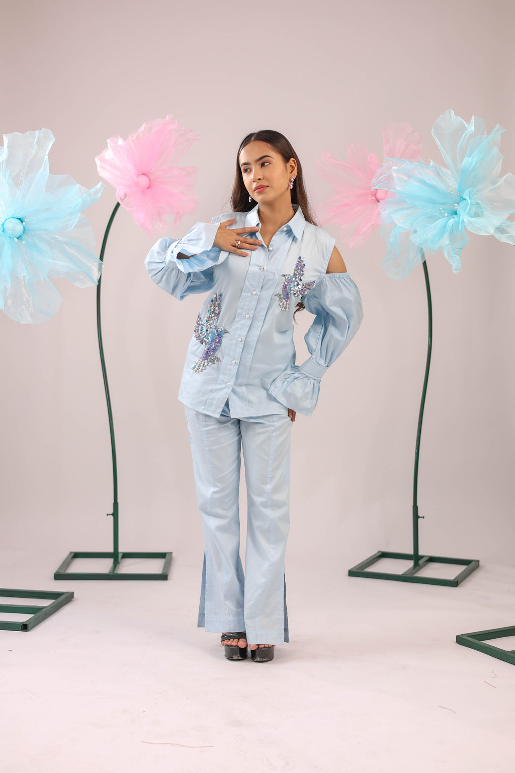 The Sky Blue Cold Shoulder Bird Embellished Cotton Shirt