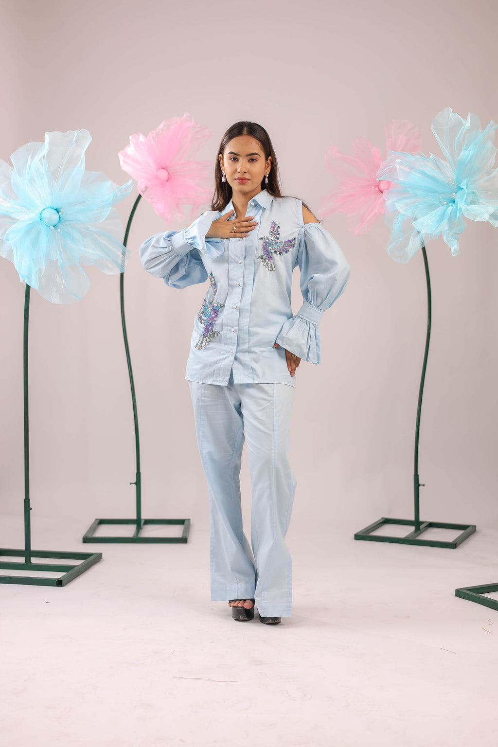 The Sky Blue Cold Shoulder Bird Embellished Cotton Shirt