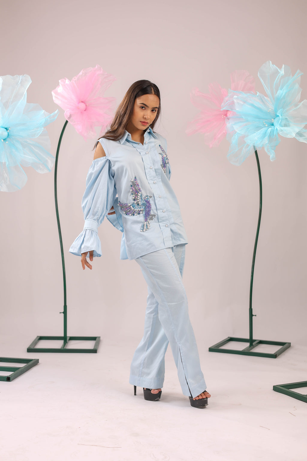 The Sky Blue Cold Shoulder Bird Embellished Cotton Shirt