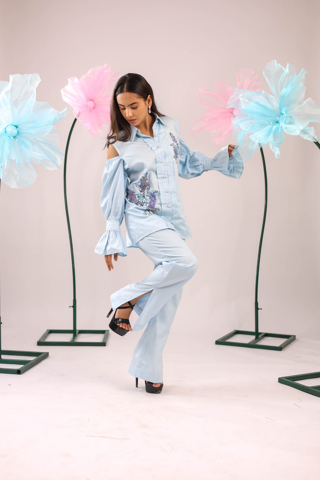 The Sky Blue Cold Shoulder Bird Embellished Cotton Shirt