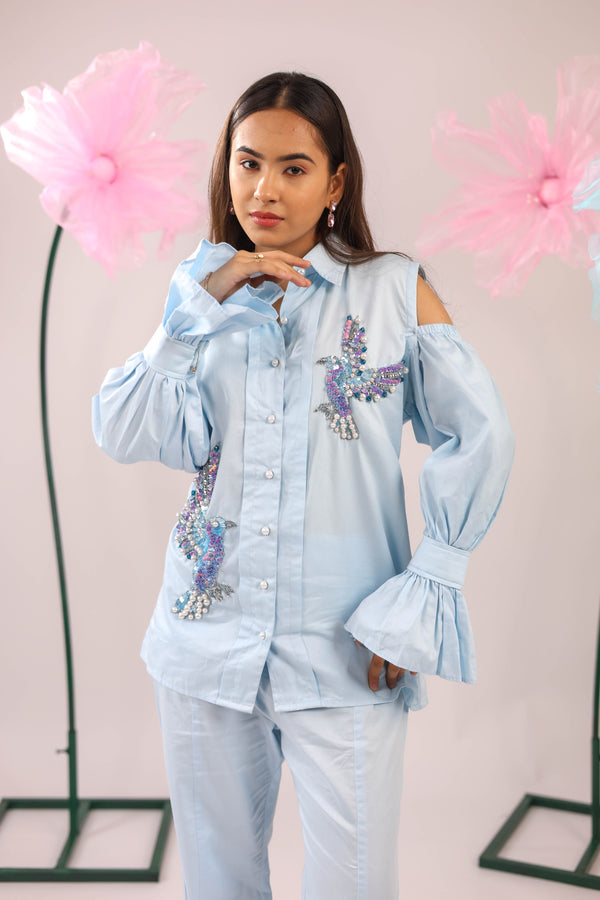 The Sky Blue Cold Shoulder Bird Embellished Cotton Shirt