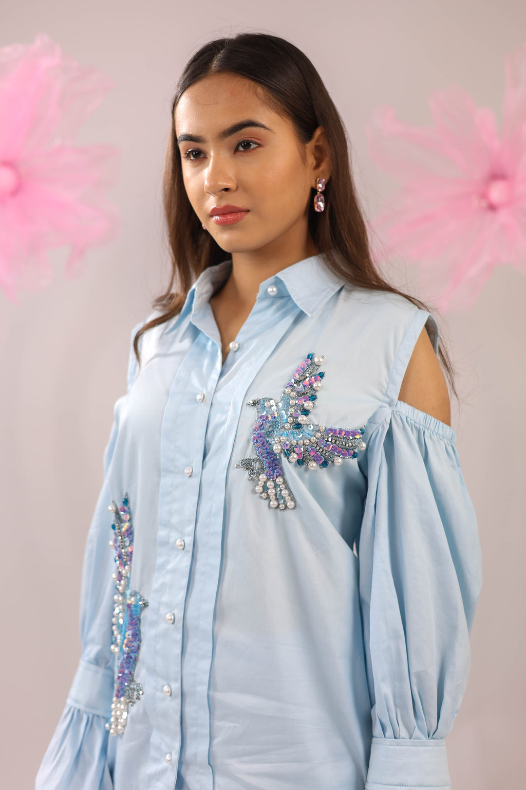 The Sky Blue Cold Shoulder Bird Embellished Cotton Shirt