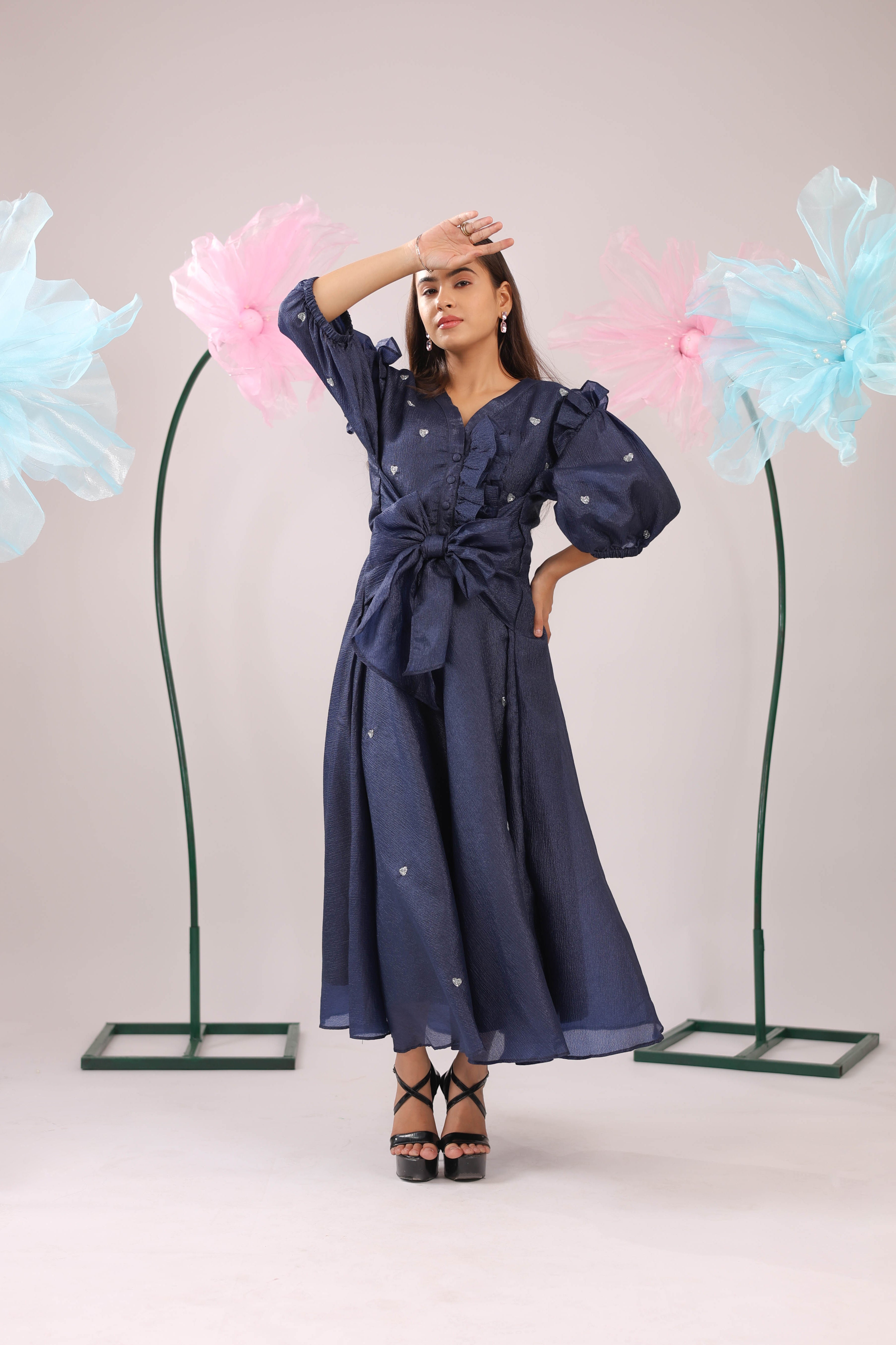 The Navy Blue Heart Knot Flared Midi Dress